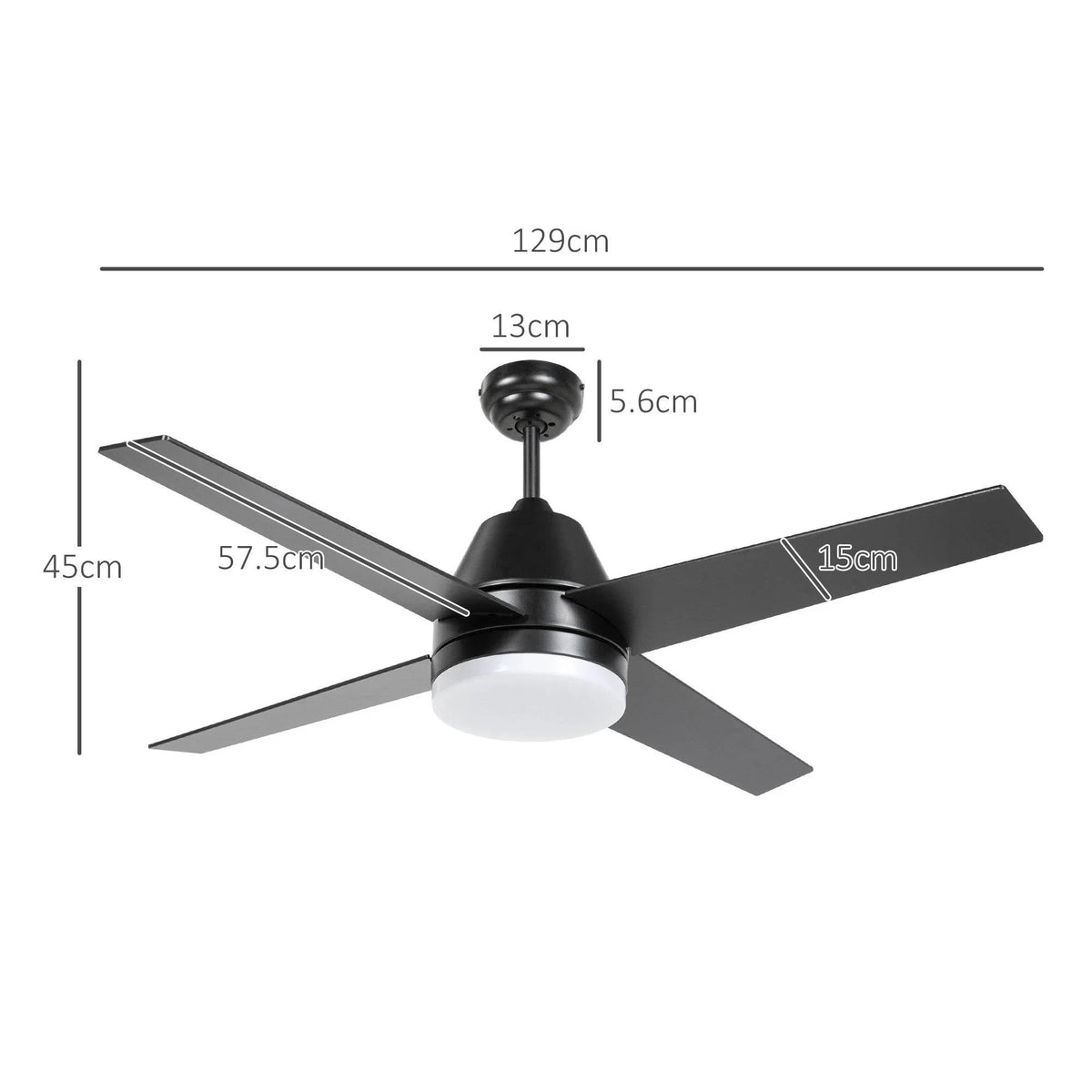 Black 5-blade ceiling fan with LED light, labeled size diagram
