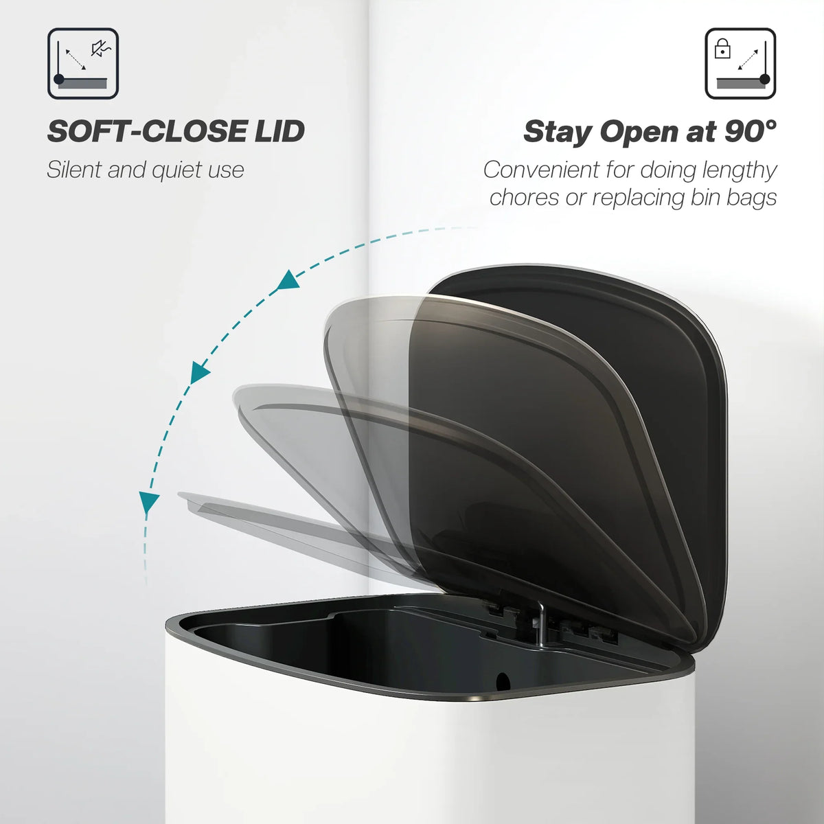 Kitchen pedal trash bin with soft-close lid open at 90 degrees, black interior