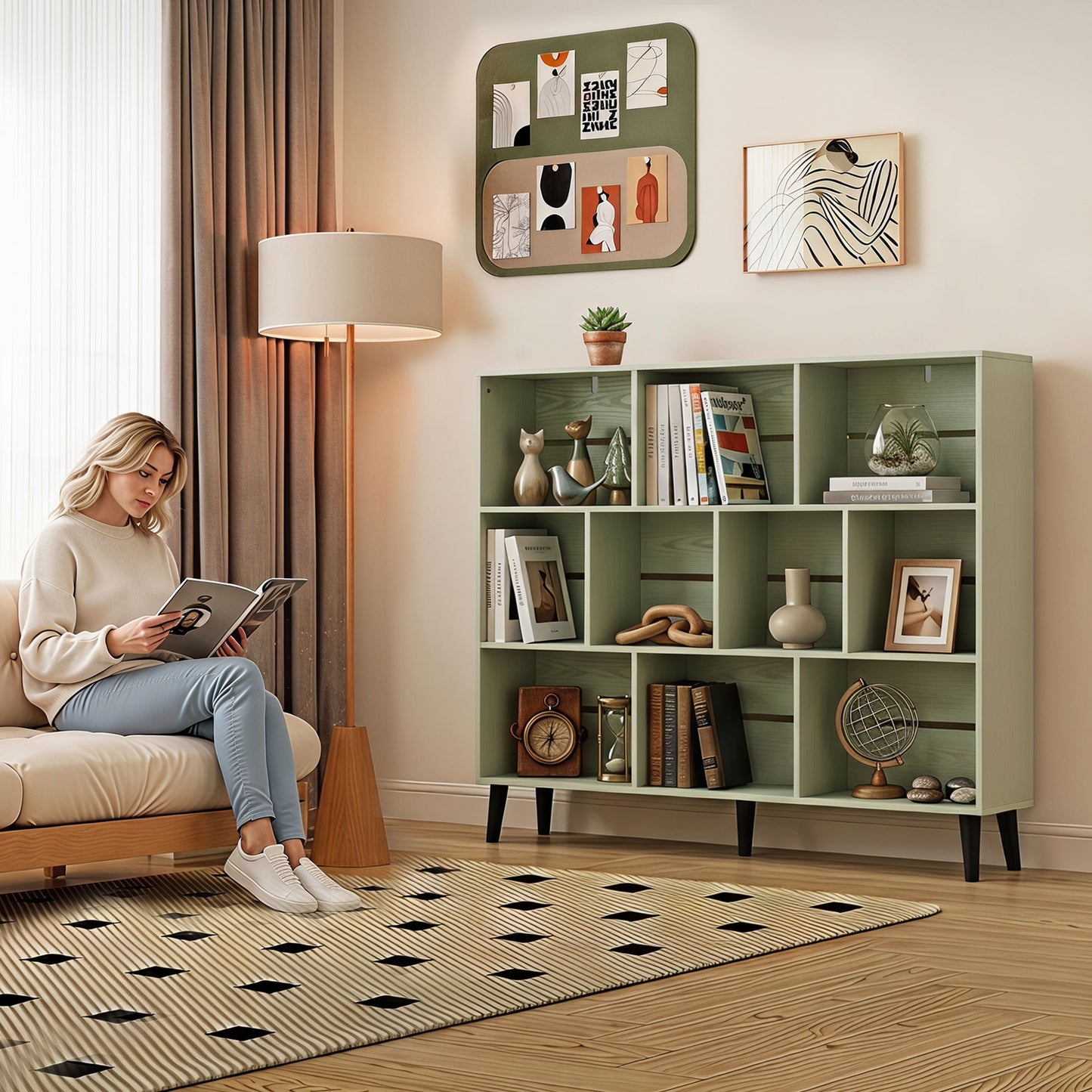HOMCOM 10 Cube Bookcase with Solid Wood Legs 3 Tier Modern Bookshelf 140 cm Light Green Anti Tip Kit