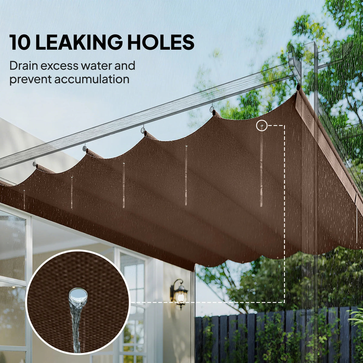Brown retractable pergola canopy cover with multiple drainage holes