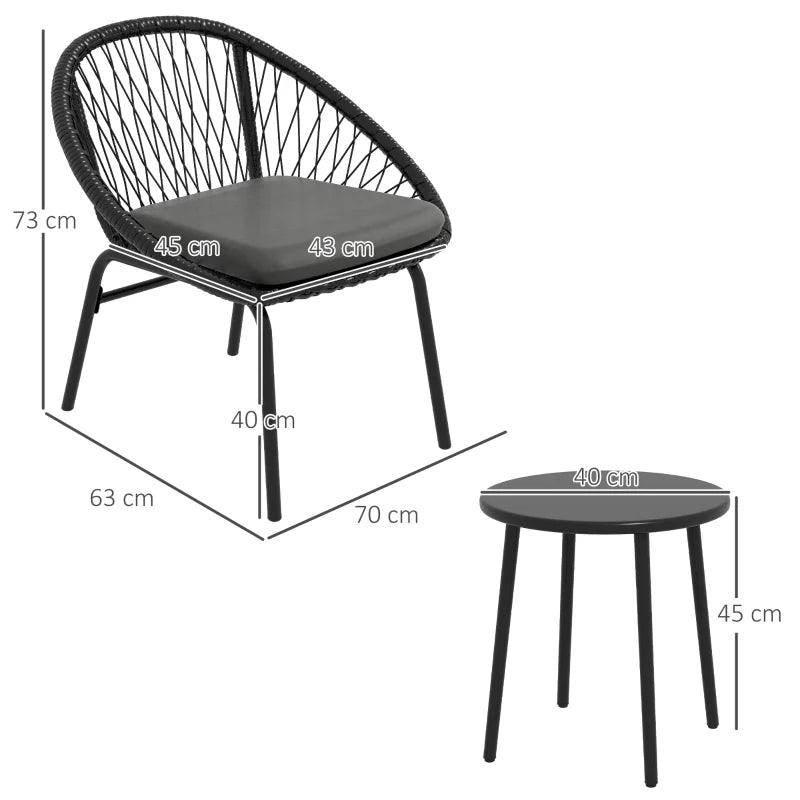 Outsunny black rattan armchair and round coffee table set with measured dimensions