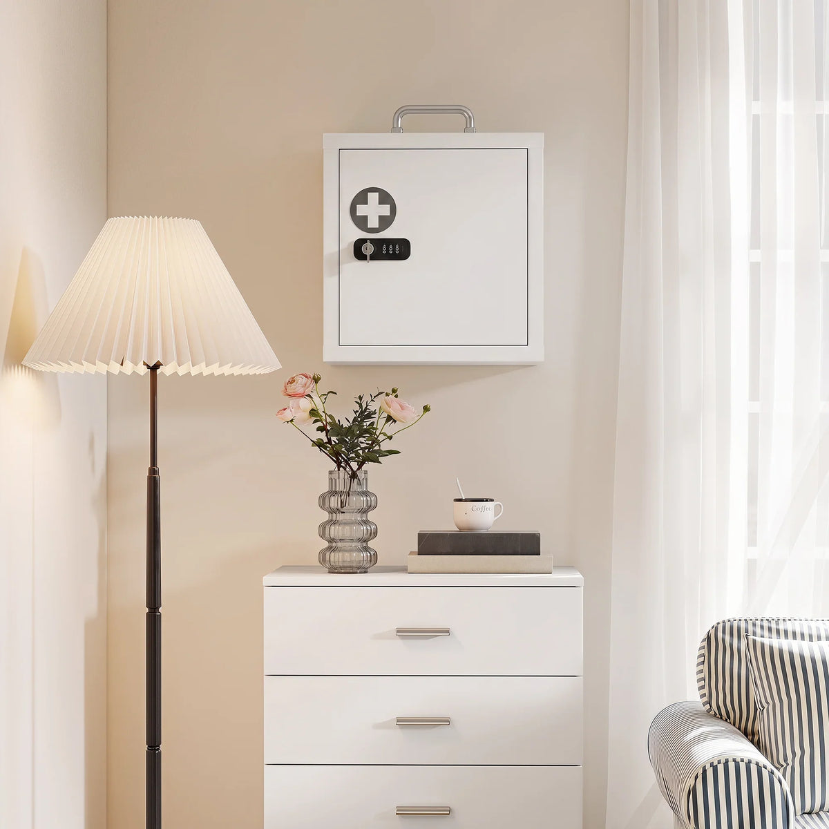 White wall-mounted medicine cabinet with dual lock and top handle in a home room