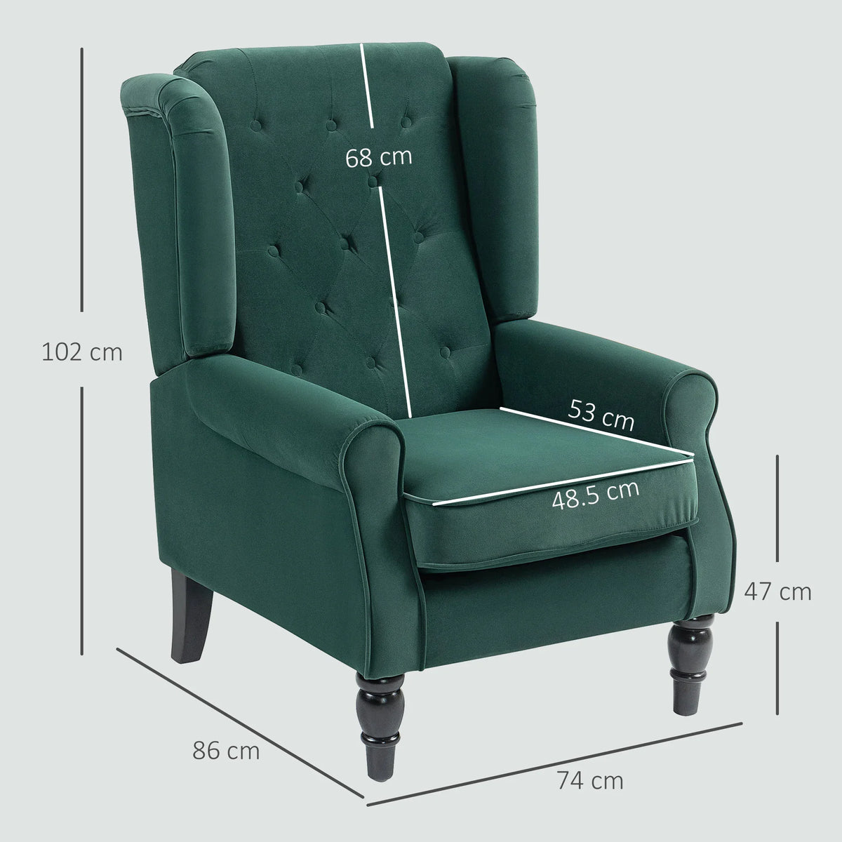 Green wingback accent chair with button-tufted back, padded seat, and turned wood legs