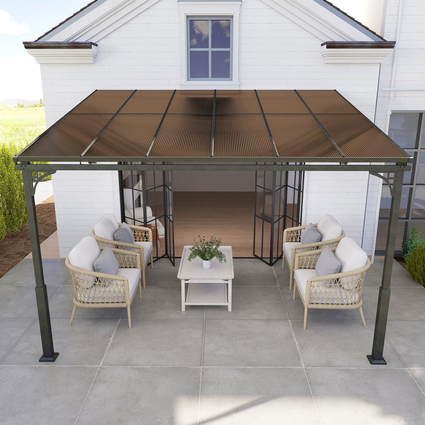 Outsunny 3.4 x 3 m Wall Mounted Metal Lean To Pergola With Polycarbonate Roof Aluminium Frame Brown Garden Patio