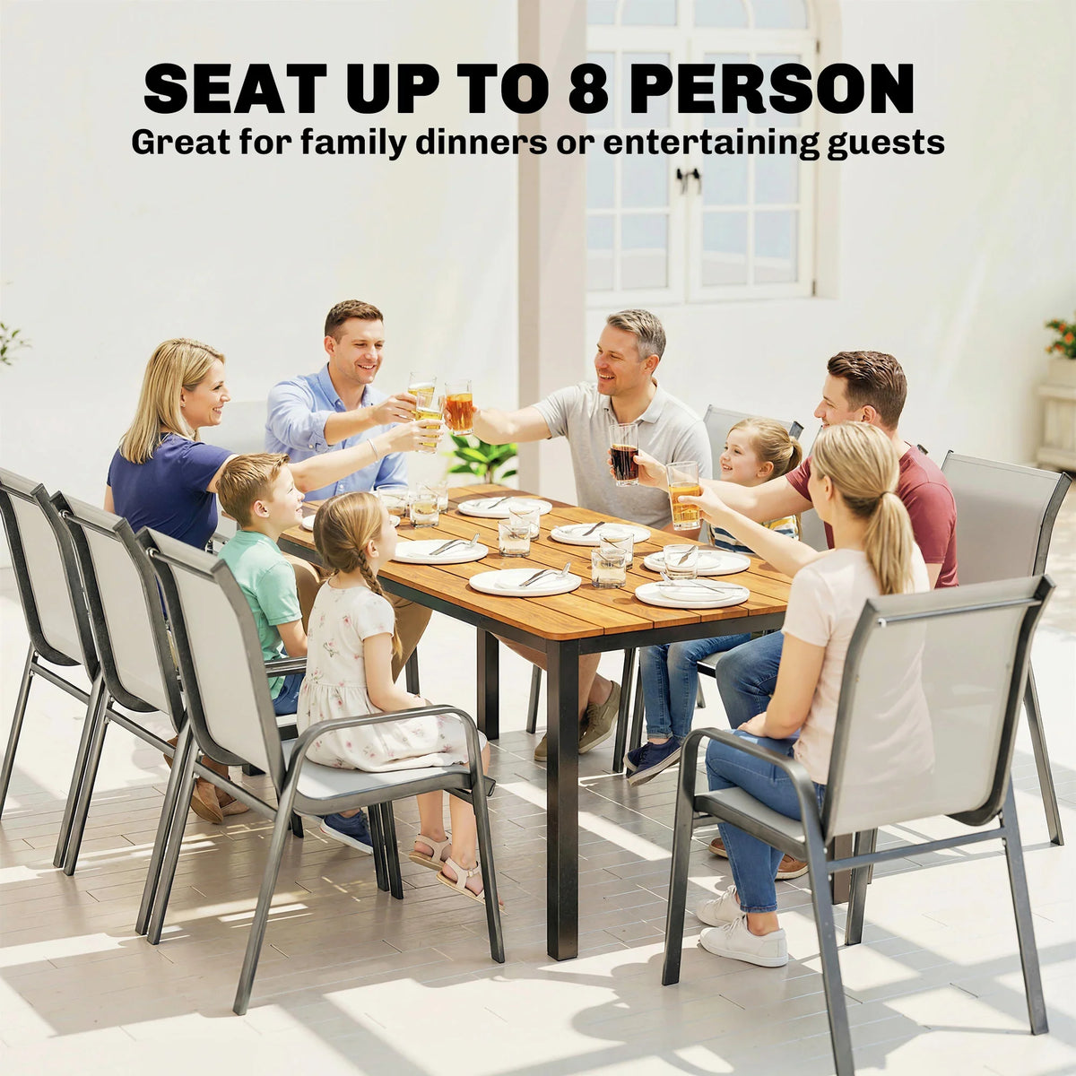 Outdoor dining table with wood slatted top, set for family meals