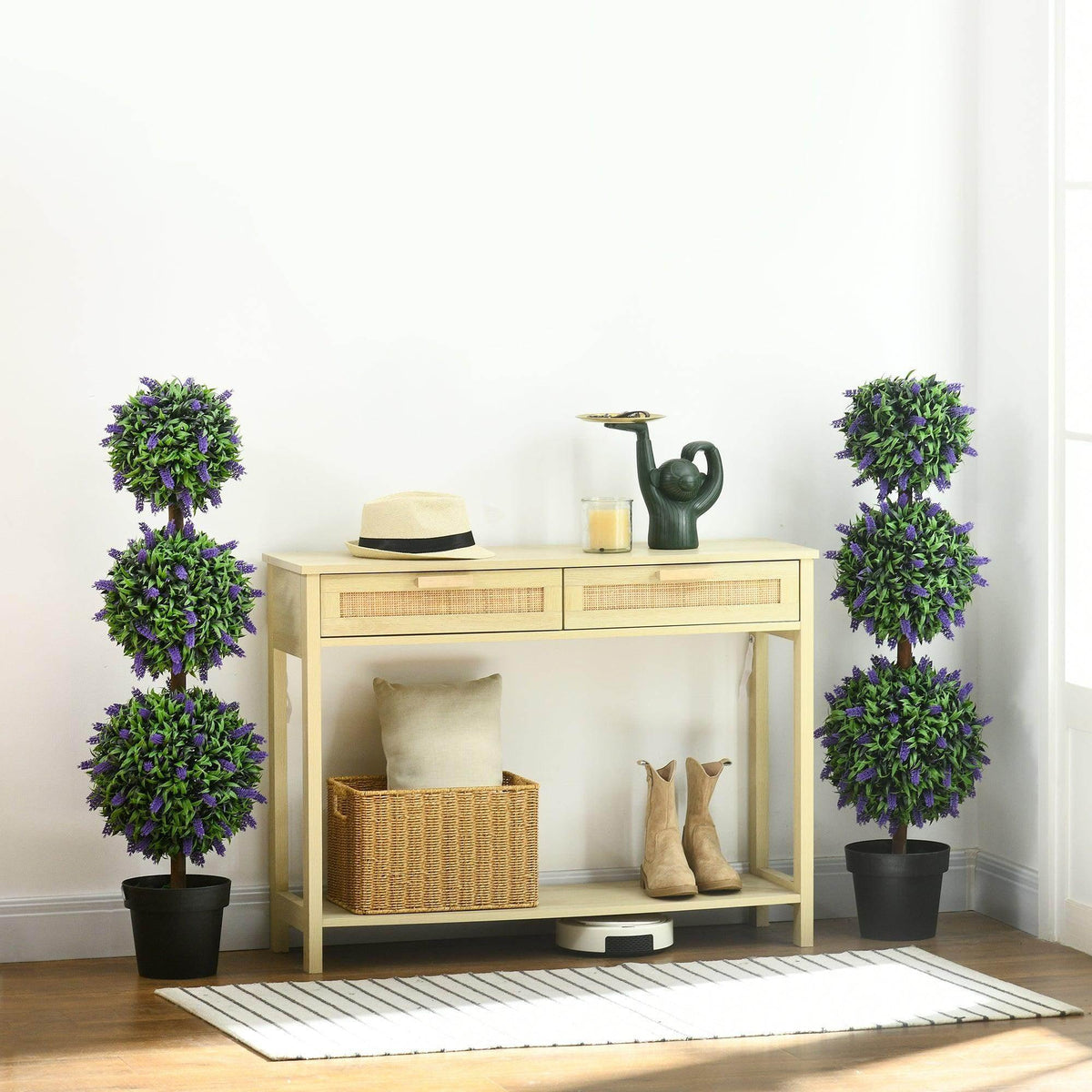 Set of 2 potted artificial ball tree plants with purple lavender flowers in black pots