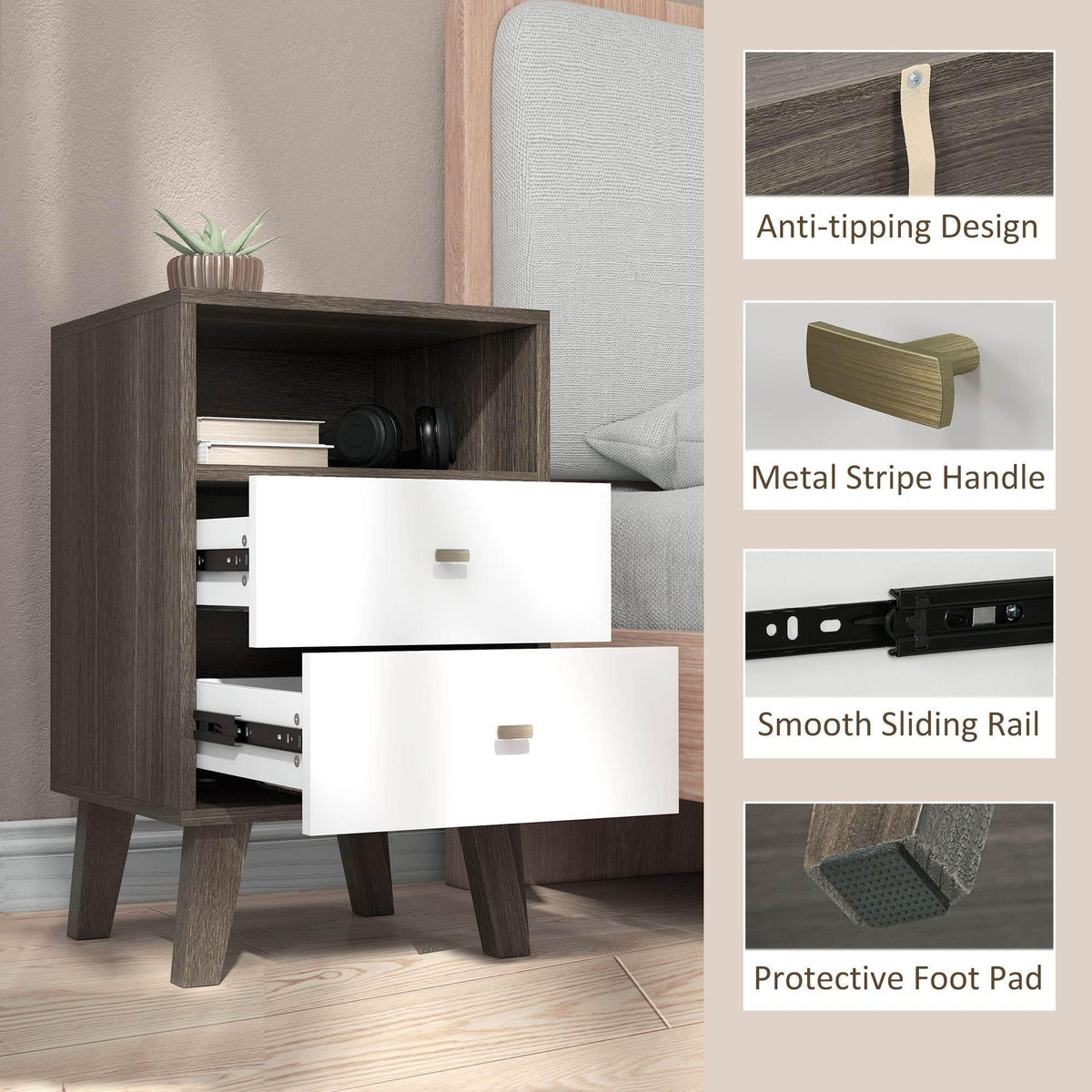 Nightstand with metal stripe handles, smooth sliding rails, and anti-tipping design.