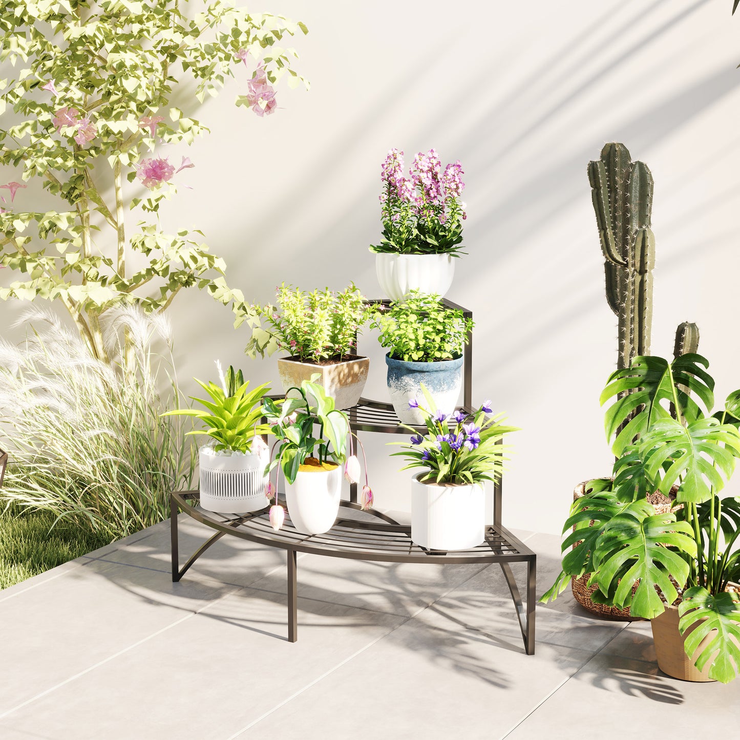 Outsunny Black Three Tier Corner Metal Plant Shelf Stand Rust Resistant Powder Coated Finish
