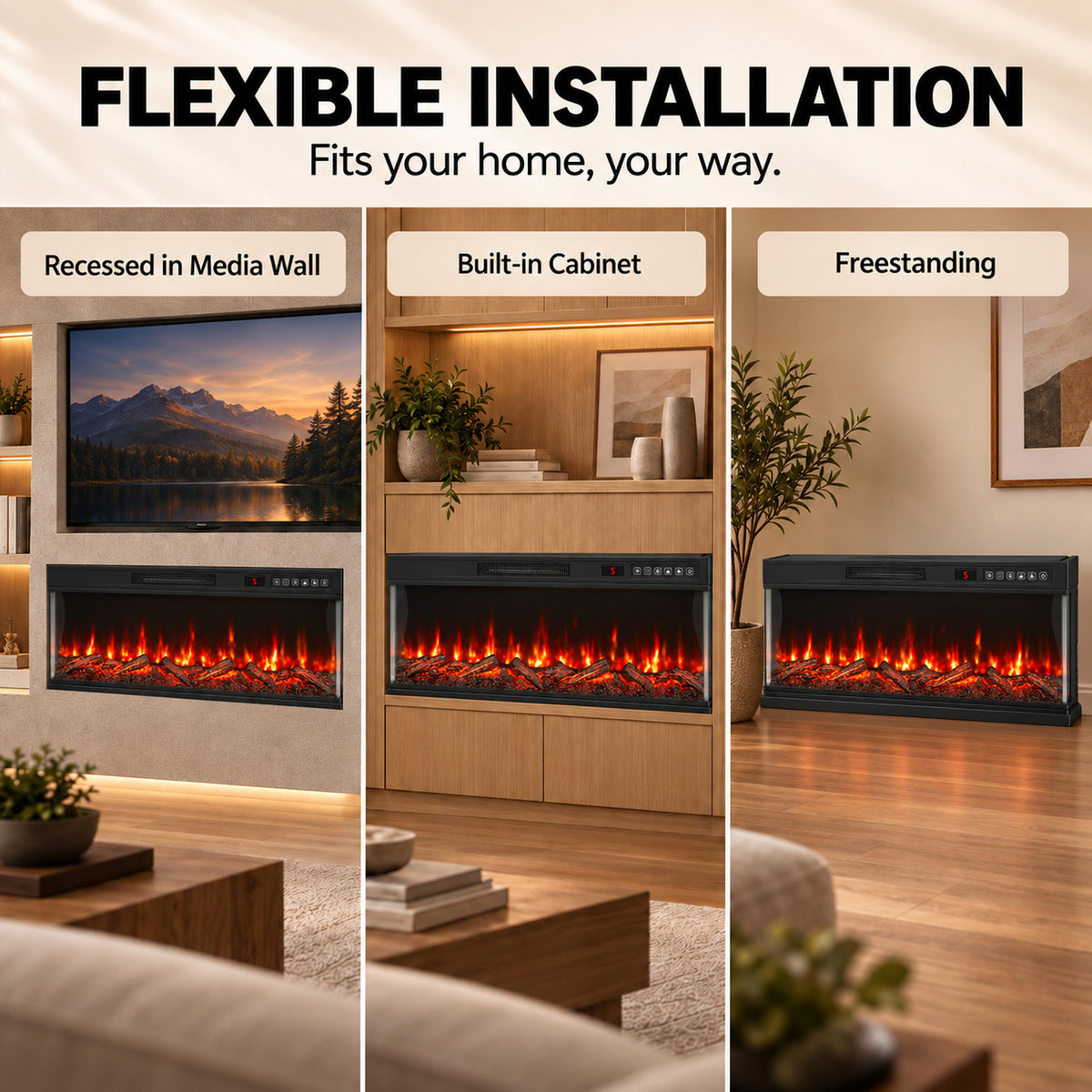 Electric fireplace with three-sided glass shown in three installation layouts