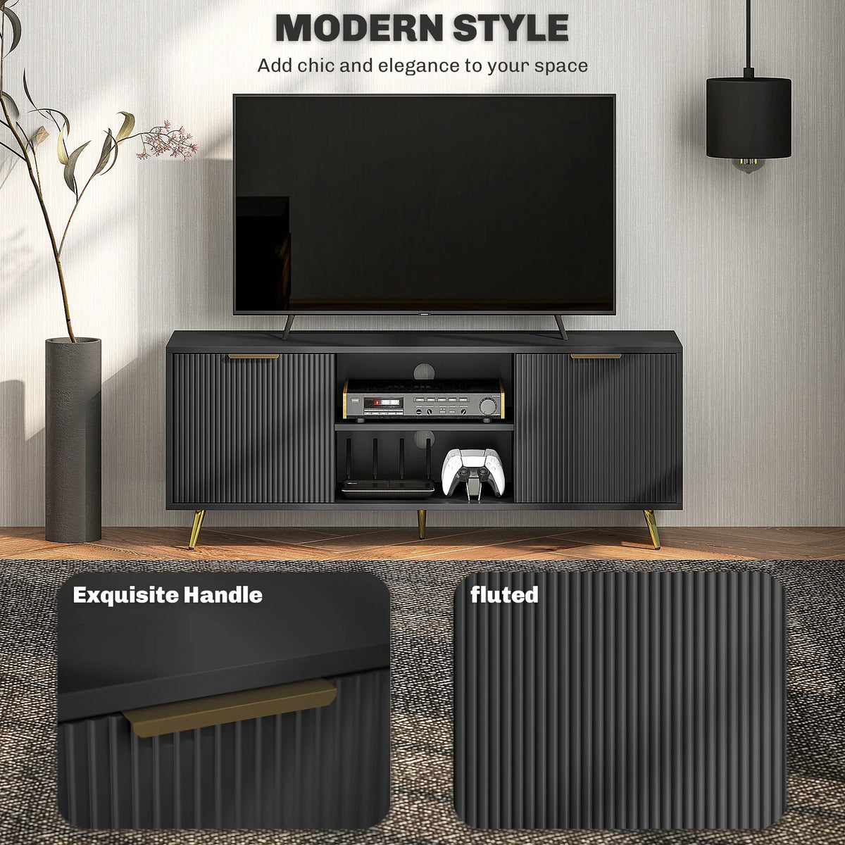 Black fluted TV stand cabinet with open center shelf and two enclosed side cabinets