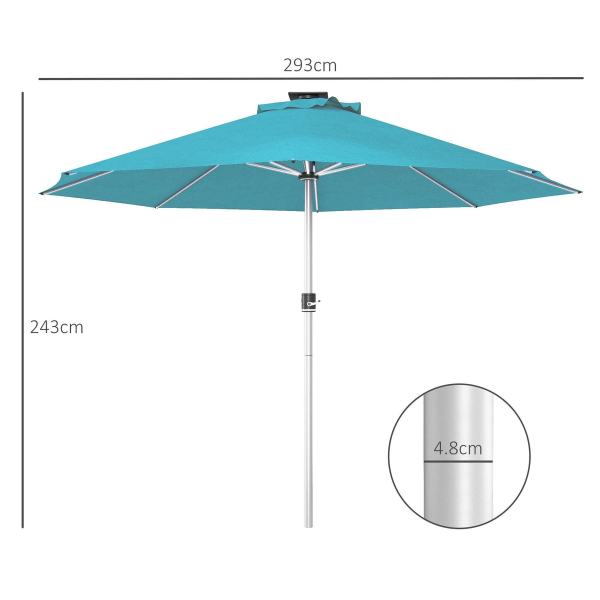 Teal patio umbrella canopy with central pole and solar LED light control base