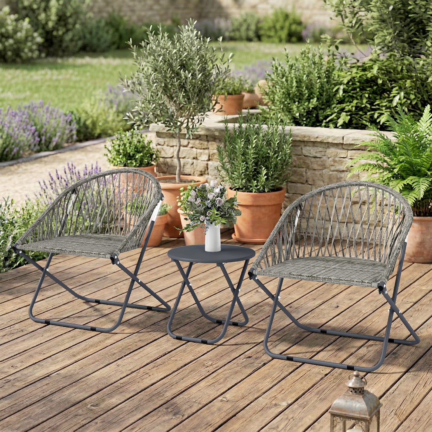 Outsunny Folding Patio Bistro Set for 2 with Table and Two Chairs Grey Outdoor Balcony Furniture