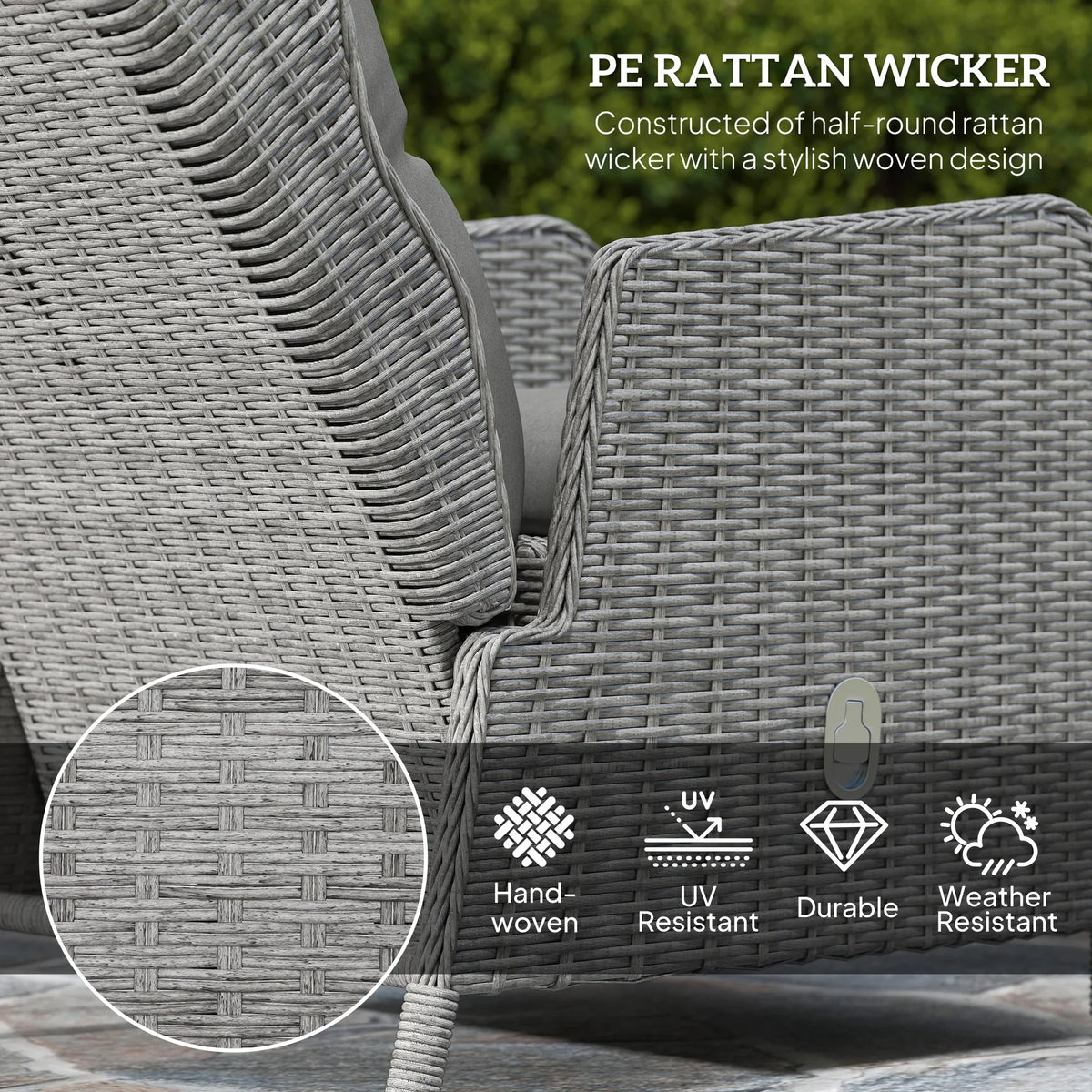 Grey half-round rattan wicker texture on cushioned reclining chair arm and back