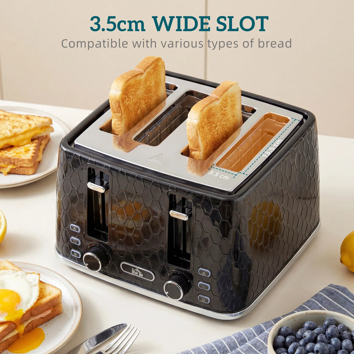 Black 4-slice toaster with wide slots holding thick bread slices
