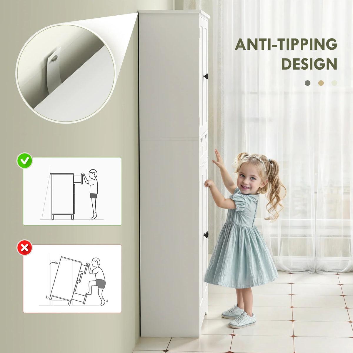 White storage cabinet with anti-tip design and a rounded safety feature on the side