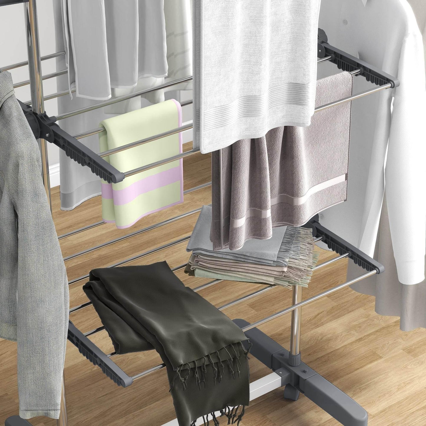 HOMCOM Foldable 3-Tier Stainless Steel Clothes Drying Rack with Wheels & Rotating Wings - ALL4U RETAILER LTD