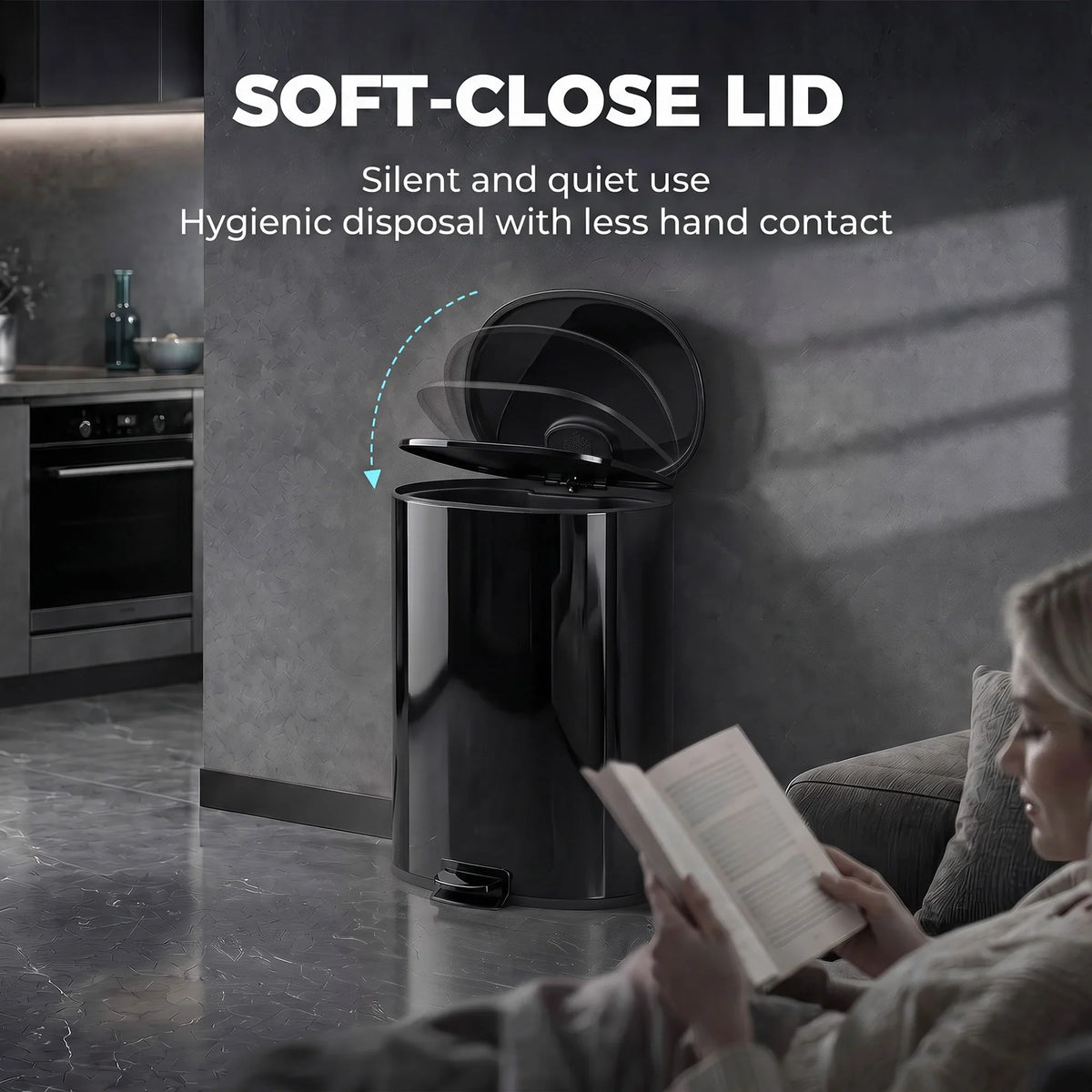 Black kitchen pedal bin with soft-close style lid closed and pedal foot lever