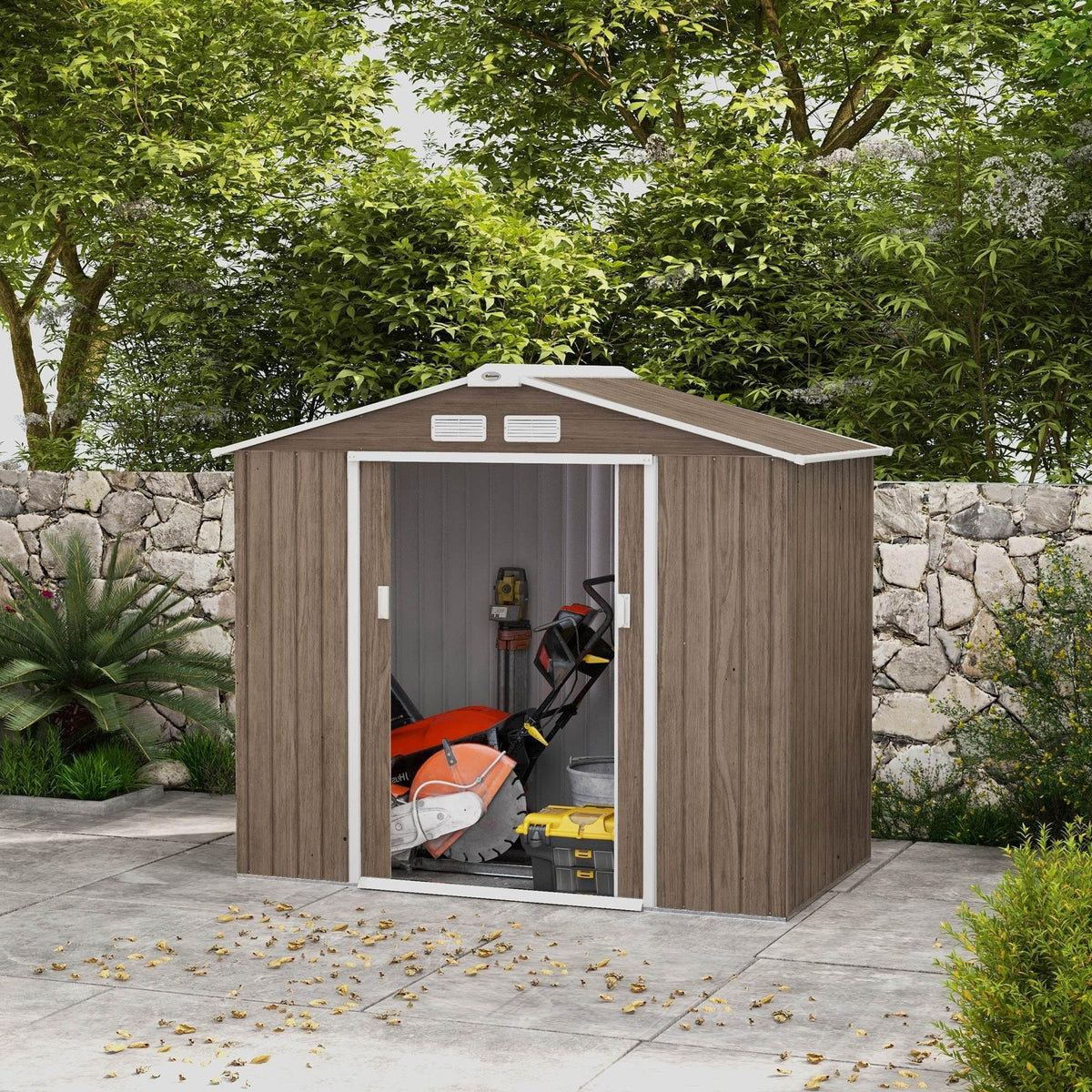 Lockable metal garden storage shed in brown wood-texture, double sliding door open
