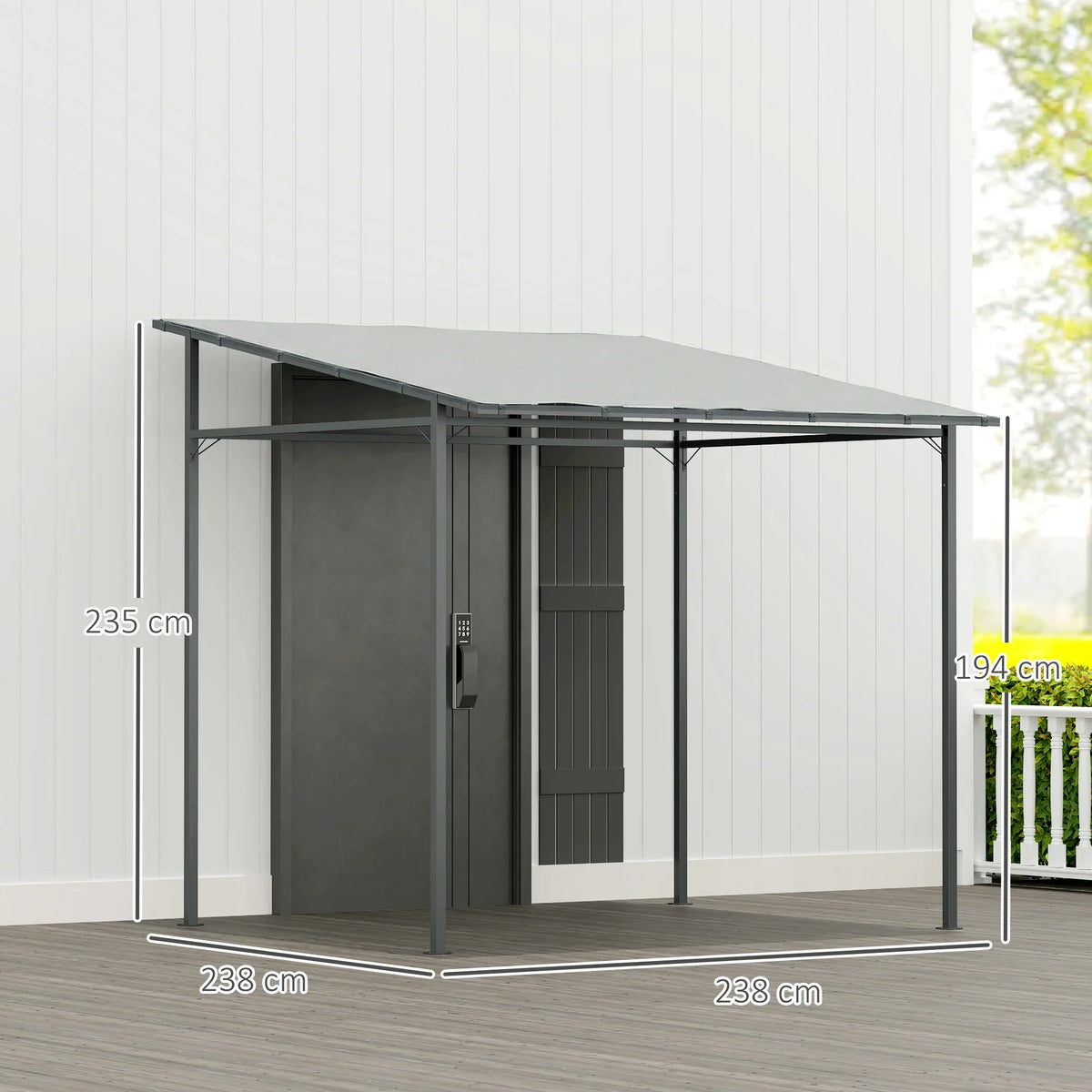 Wall-mounted lean-to pergola frame with light gray top, front view with dimensions