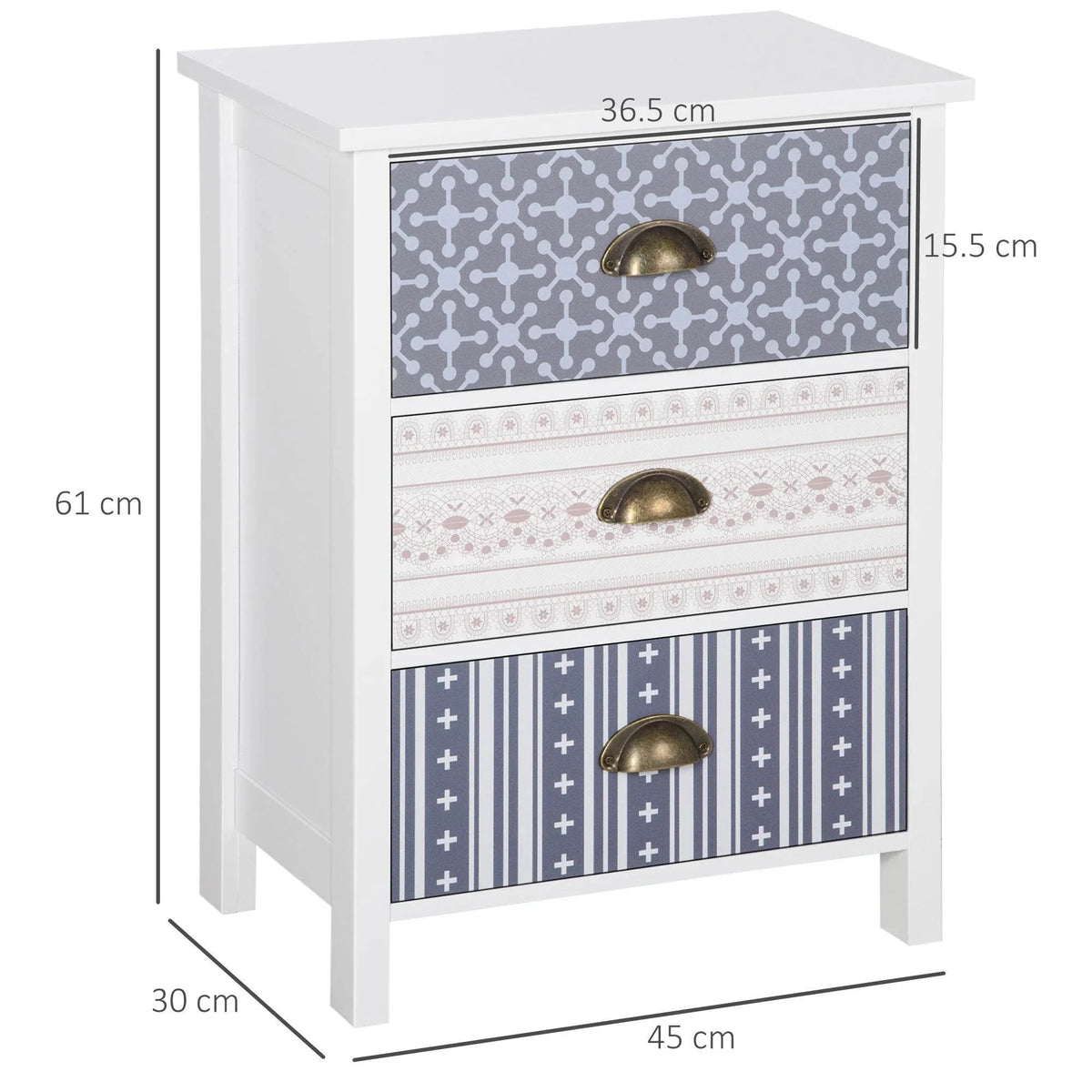 White shabby chic nightstand with 3 patterned drawers and antique brass cup pulls
