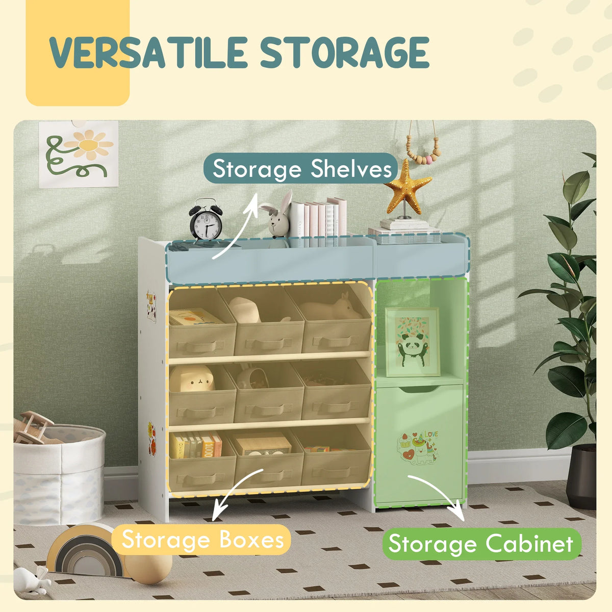 White kids toy storage organizer with shelves and removable gray bins, open cabinet front