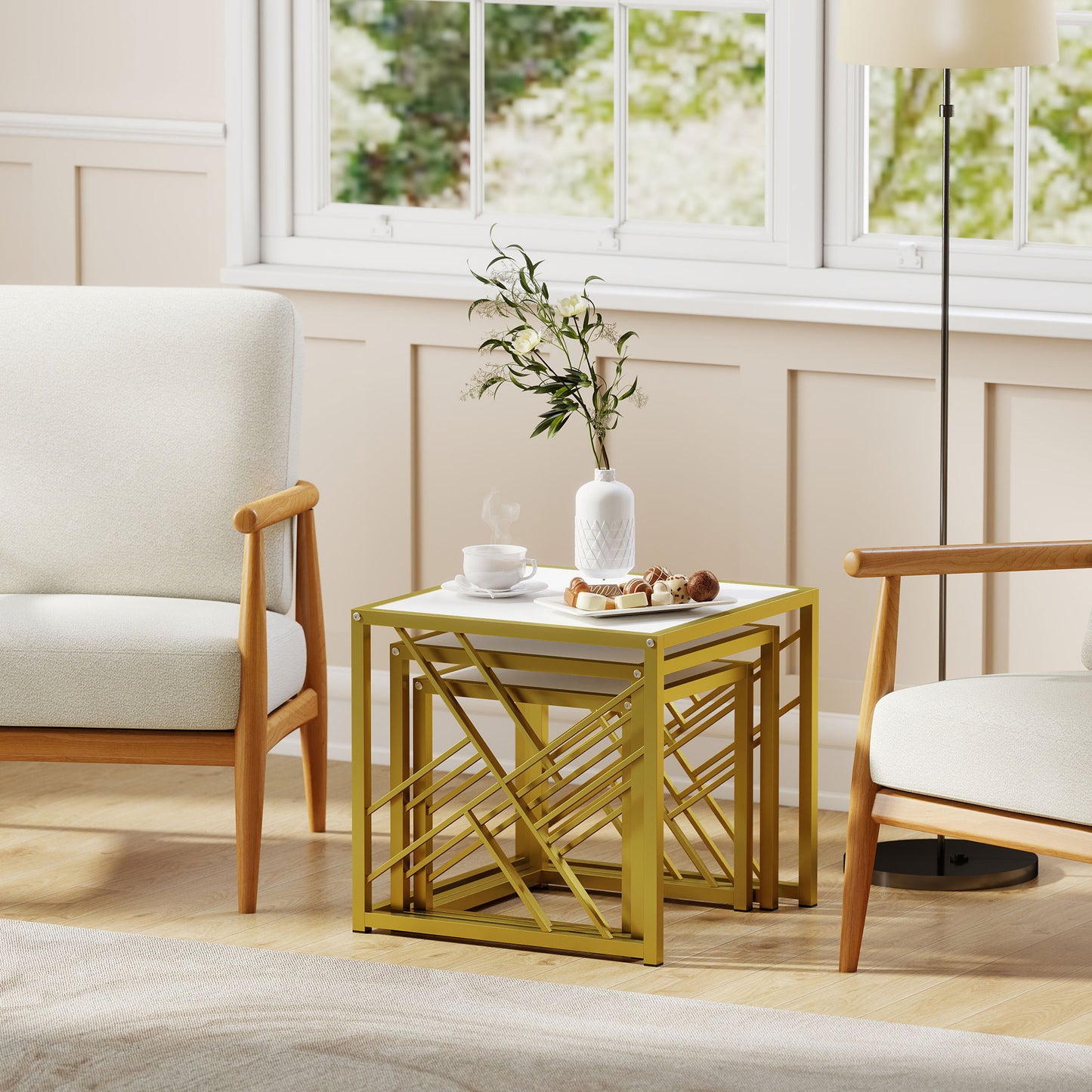 HOMCOM Nesting Coffee Tables Set of 3 Square Side Tables With Black Metal Frame White Finish For Living Room Office