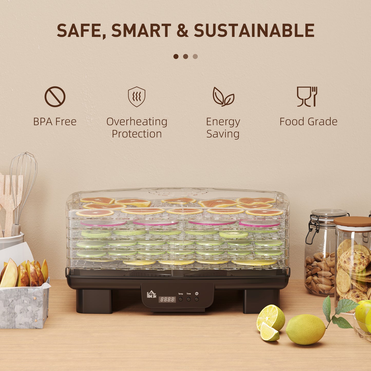 HOMCOM Six Tray Food Dehydrator with 40 to 70 C Temperature Control Black Finish and Stackable Trays