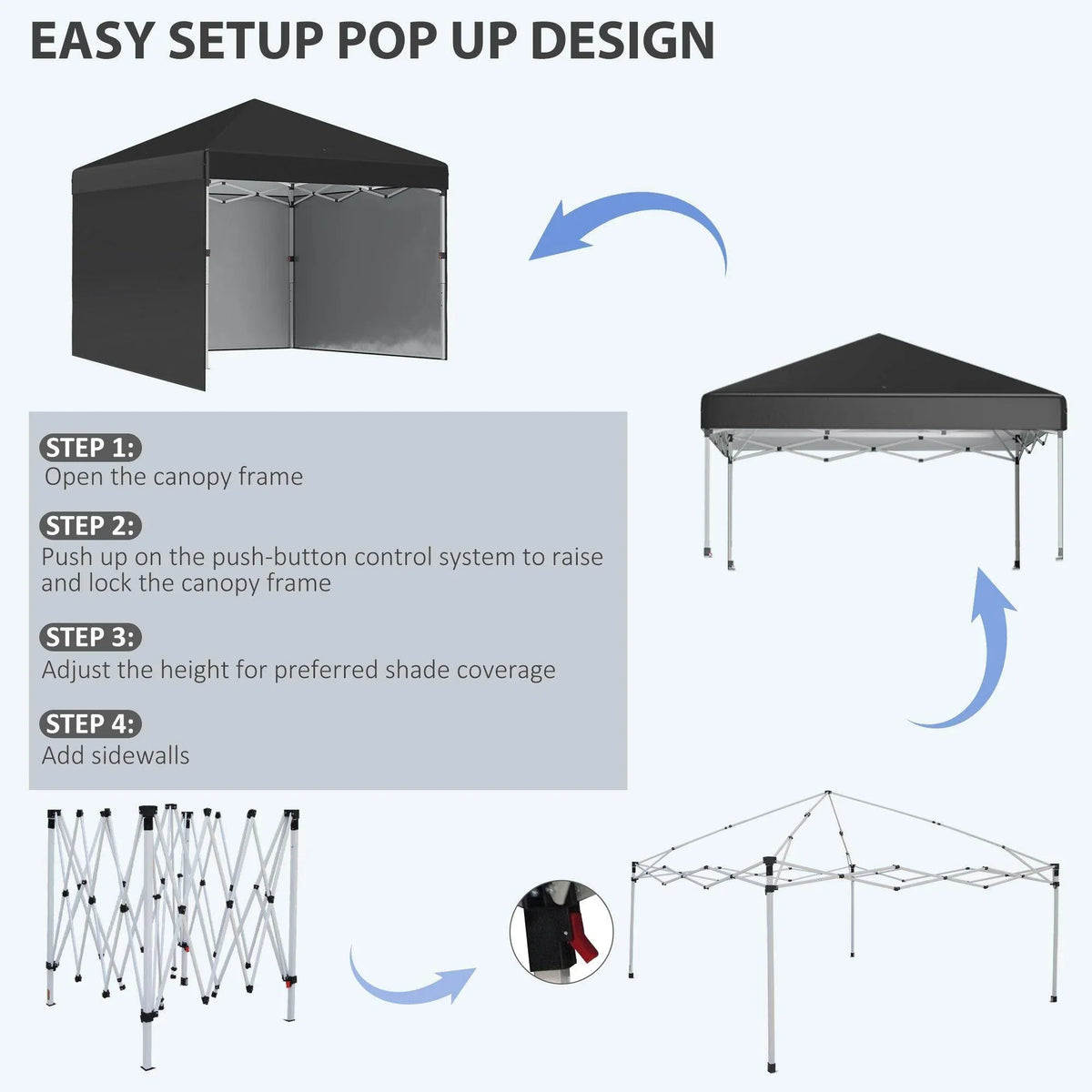 Black pop-up gazebo with pop-up frame, setup steps and sidewall installation