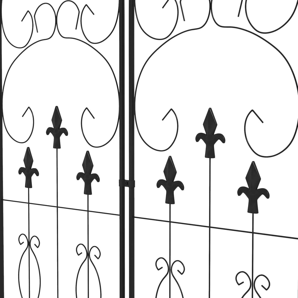Close-up of black metal trellis scrollwork with spear finials and curving vine motifs