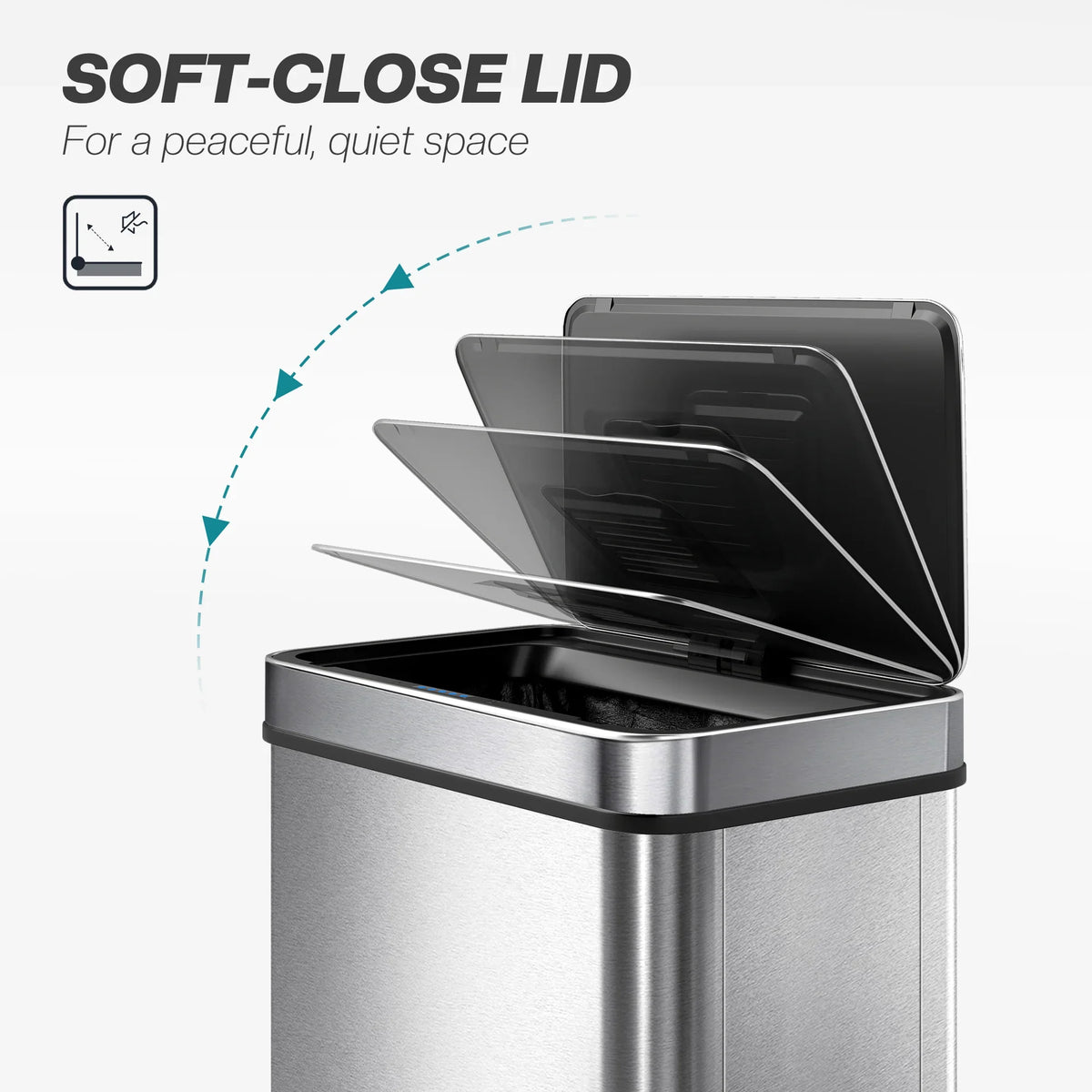 Stainless steel trash can with soft-close lid mechanism shown open for quiet closing
