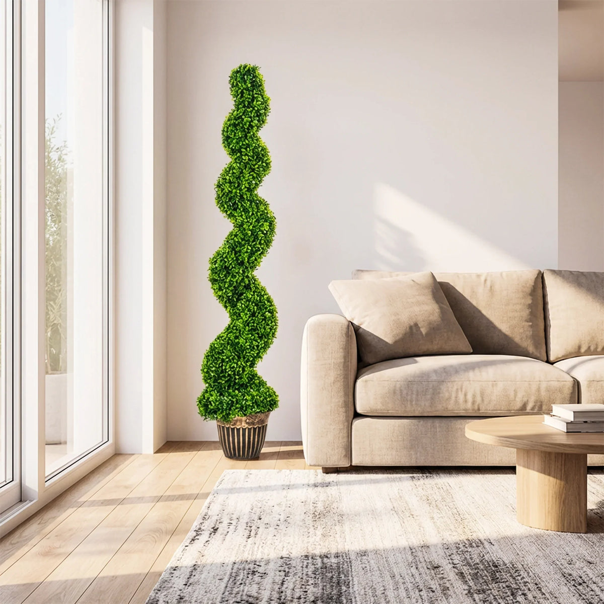 Artificial spiral boxwood tree with green foliage in a ribbed pot