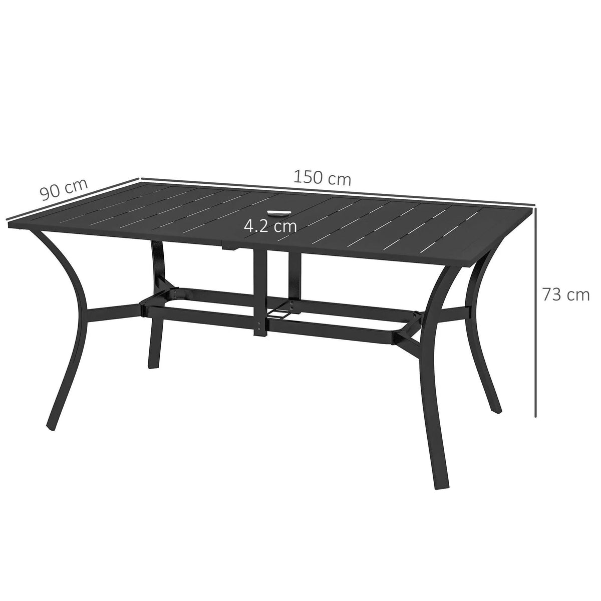 Black rectangular patio table with slatted top and central parasol hole