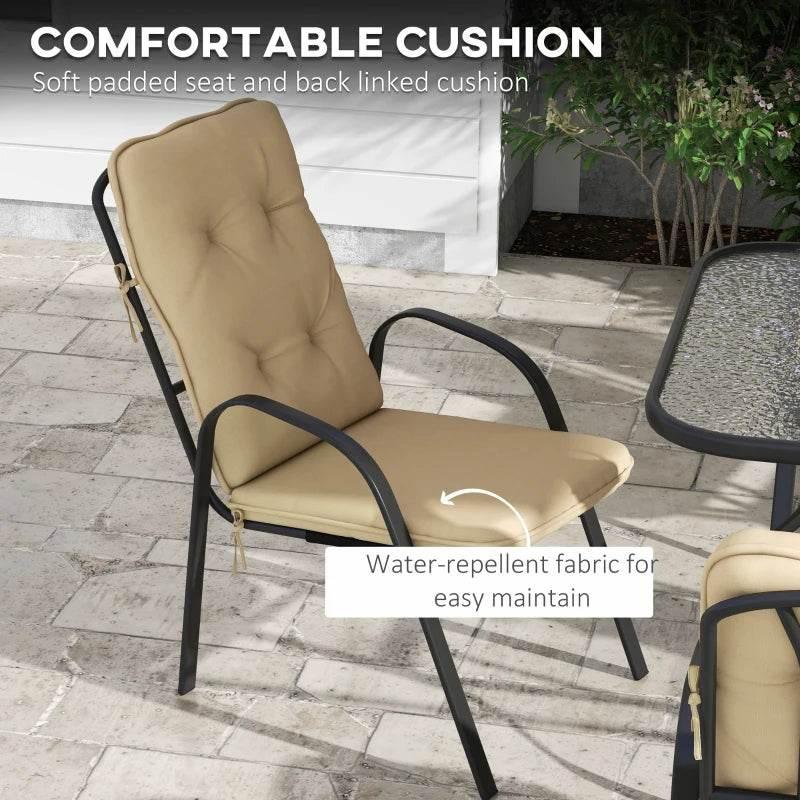 Beige cushioned armchair with black metal frame and water-repellent fabric seat