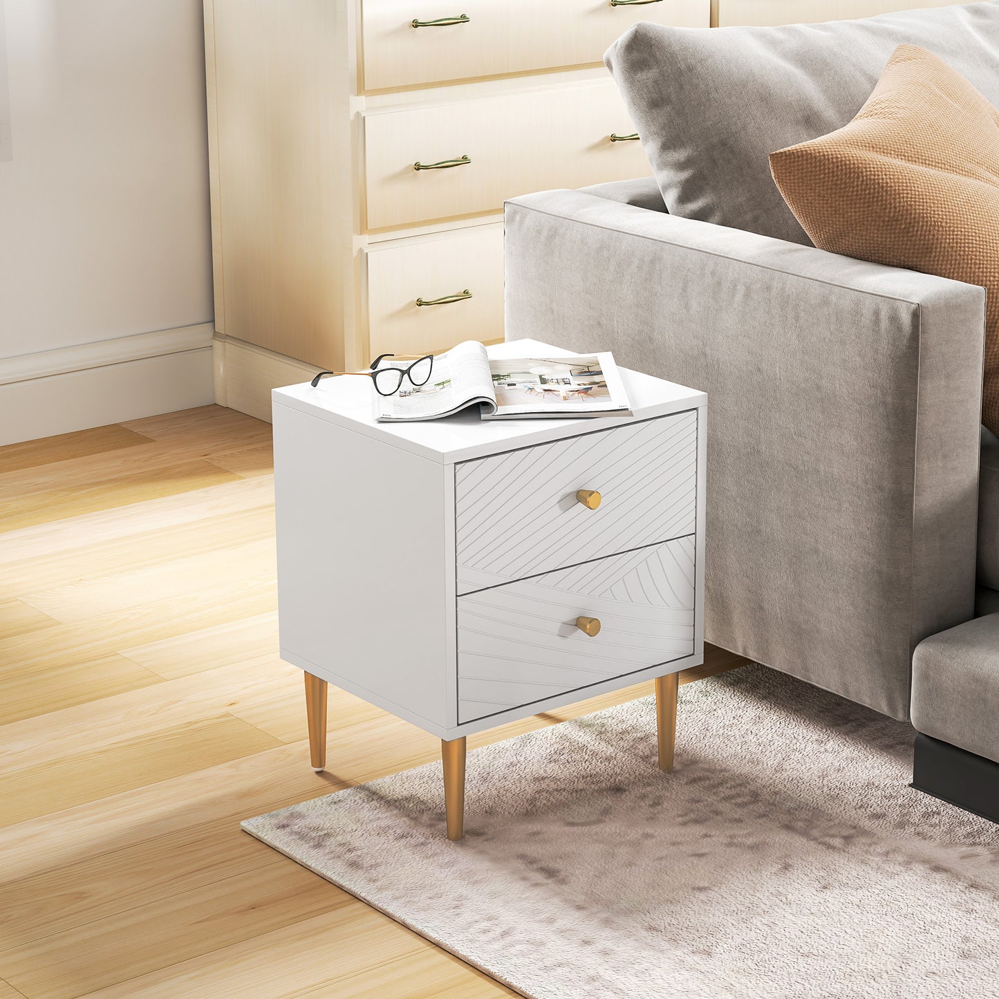 HOMCOM Elegant White And Gold Tone Two Drawer Bedside Table With Metal Legs And Spacious Storage