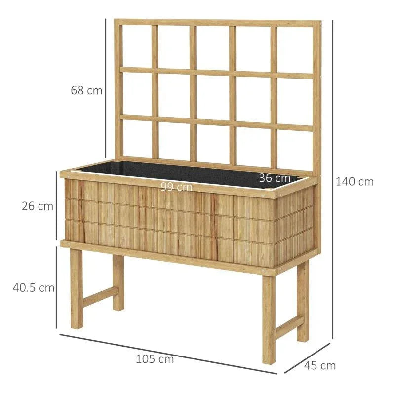 Wooden raised planter with trellis and labeled measurements on front