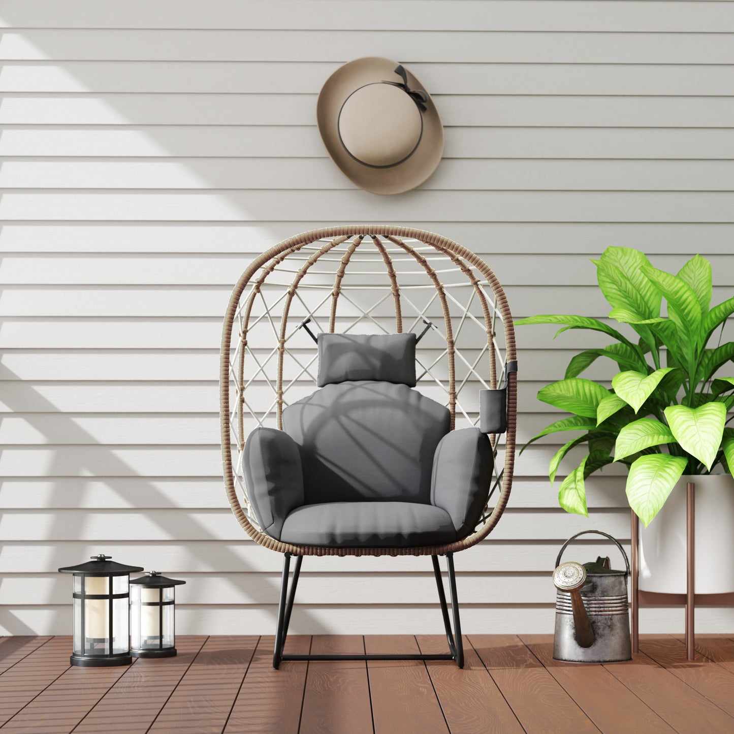 Outsunny Rattan Egg Chair With Thick Cushion And Headrest, Standing Garden Wicker Chair, Metal Frame For Patio Balcony