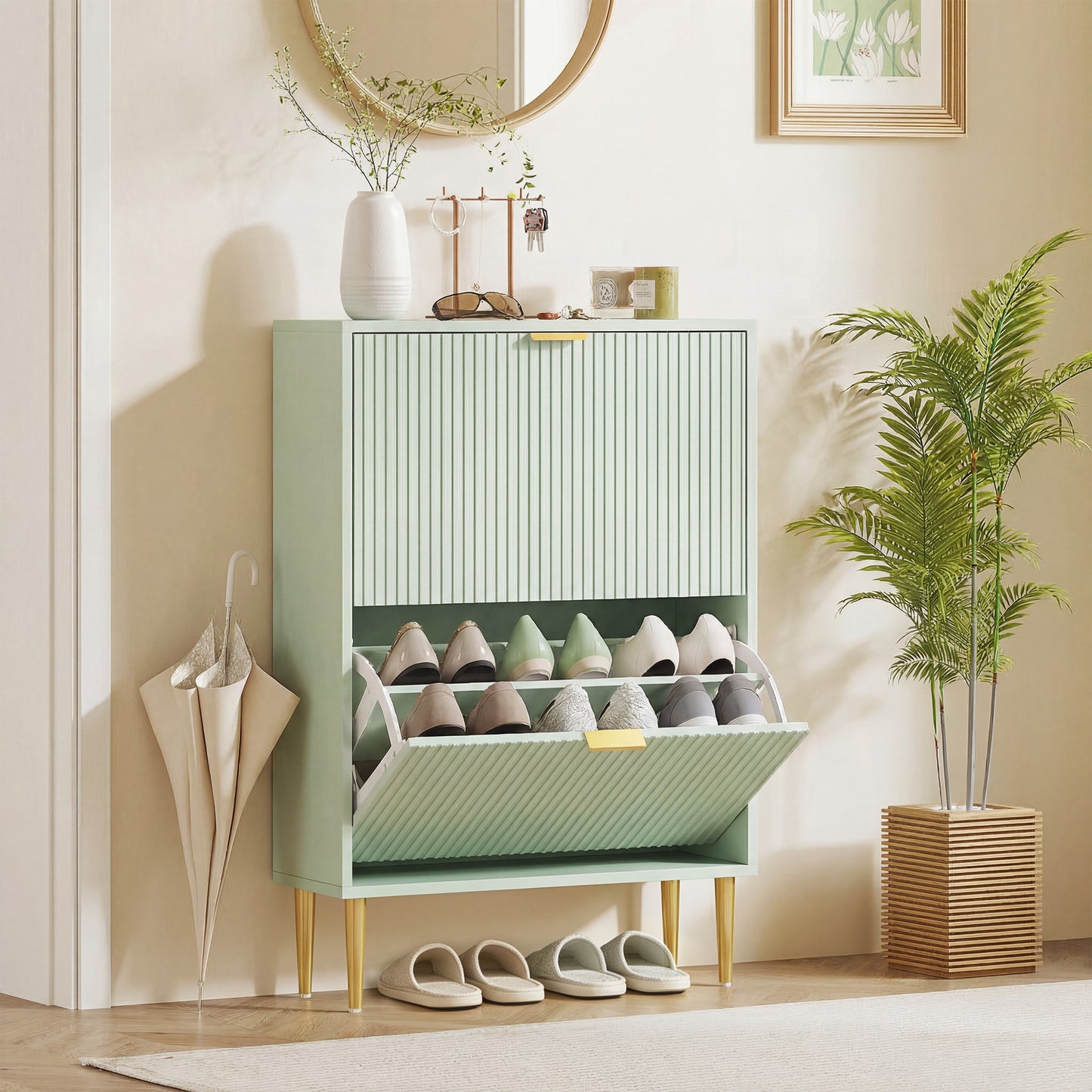 HOMCOM Elegant Two Drawer Shoe Cabinet In Light Green With Ridged Front Doors And Gold Accents Holds 6 to 12 Pairs