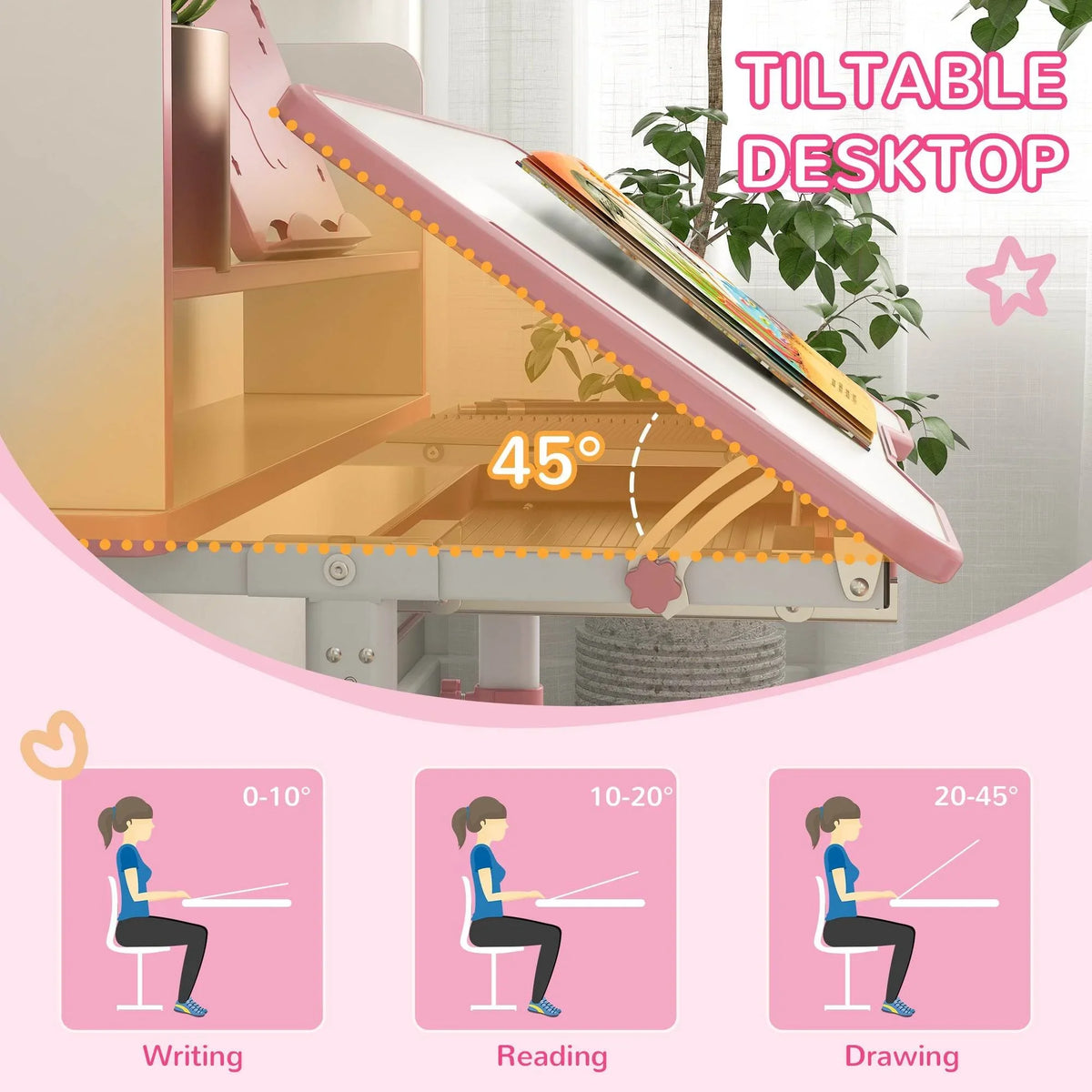 Pink kids study desk with tilting desktop for writing, open storage shelf