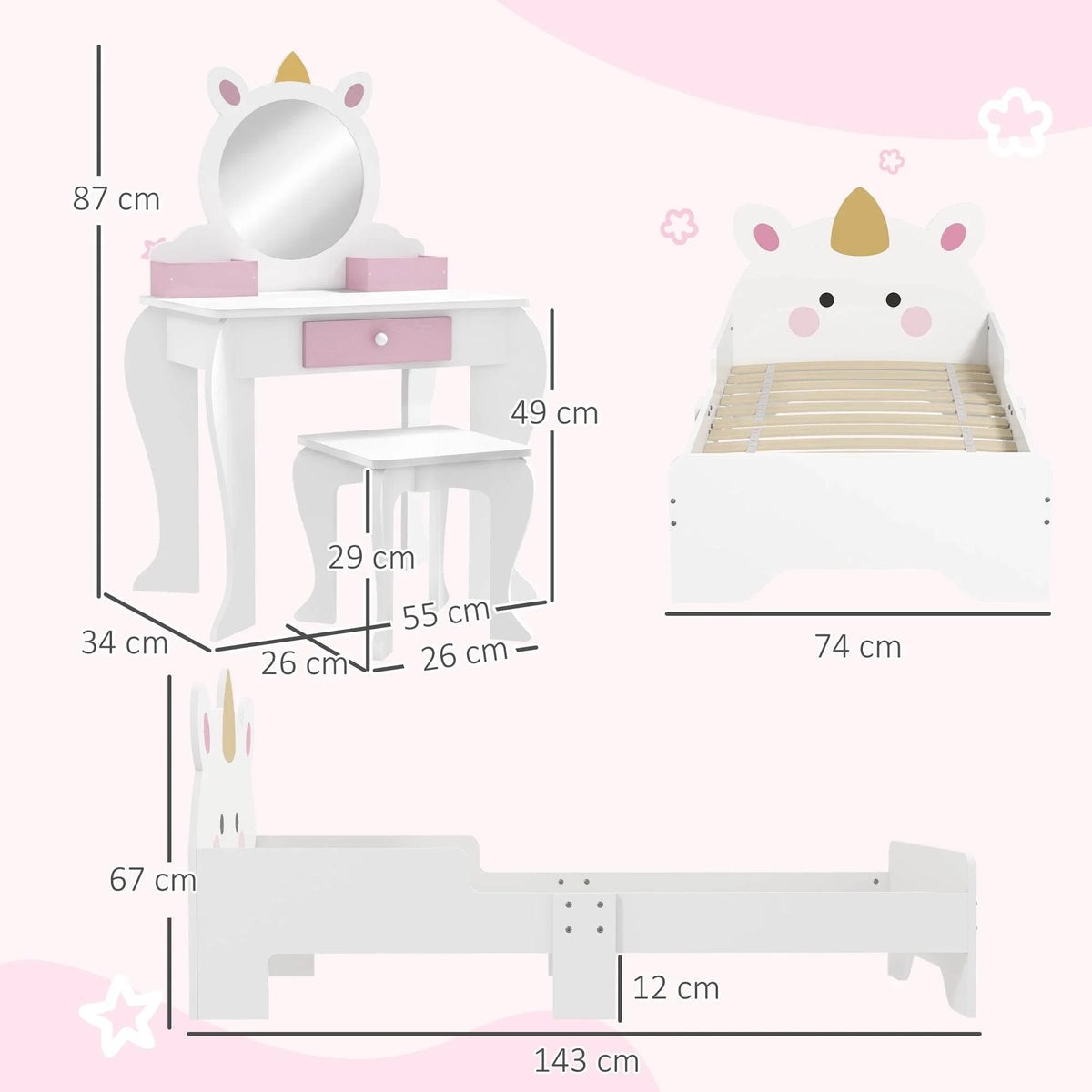 Kids vanity table with round mirror and stool, size diagram with labeled measurements