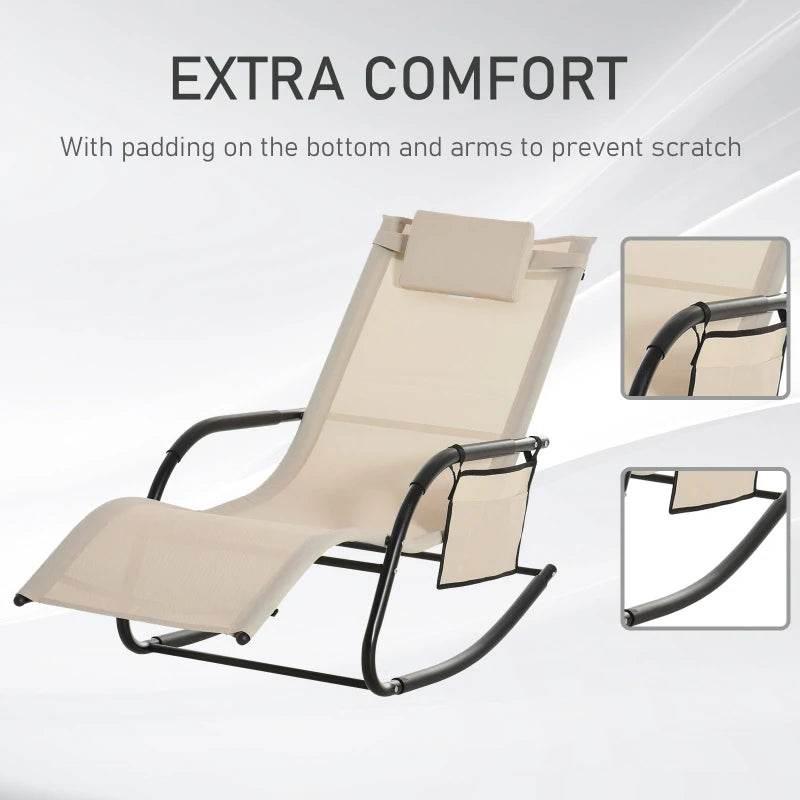 Outsunny 2PCs Outdoor Garden Rocking Chair, Patio Sun Lounger with Breathable Mesh Fabric, Removable Headrest Pillow, Armrest, Side Storage Bag - Cream White - ALL4U RETAILER LTD