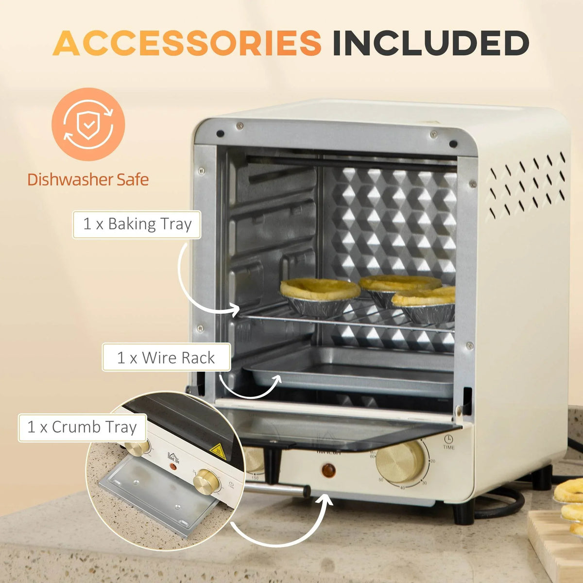 Cream white mini convection oven with baking tray, wire rack, and crumb tray inside