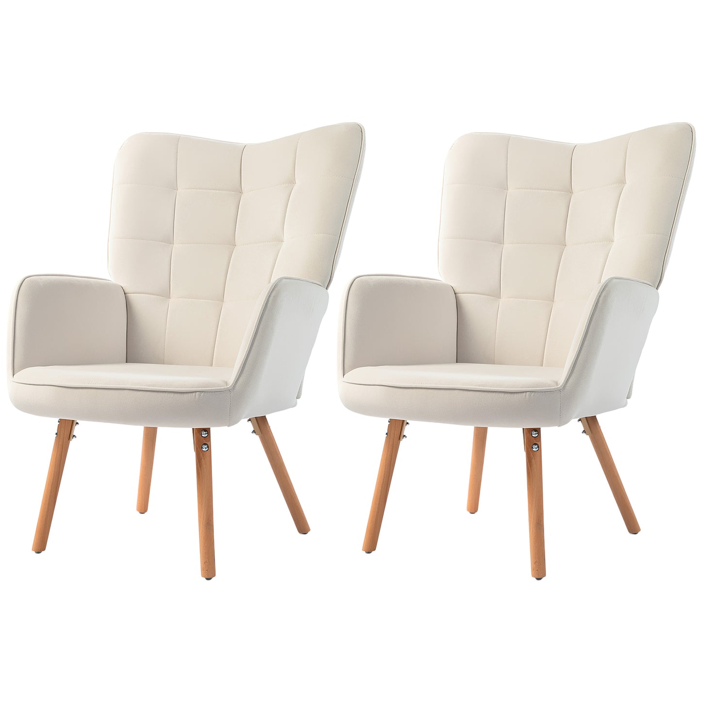 HOMCOM Modern Velvet Touch Wingback Armchairs Set of 2 Cream White Tufted Upholstered Club Chairs With Wood Legs