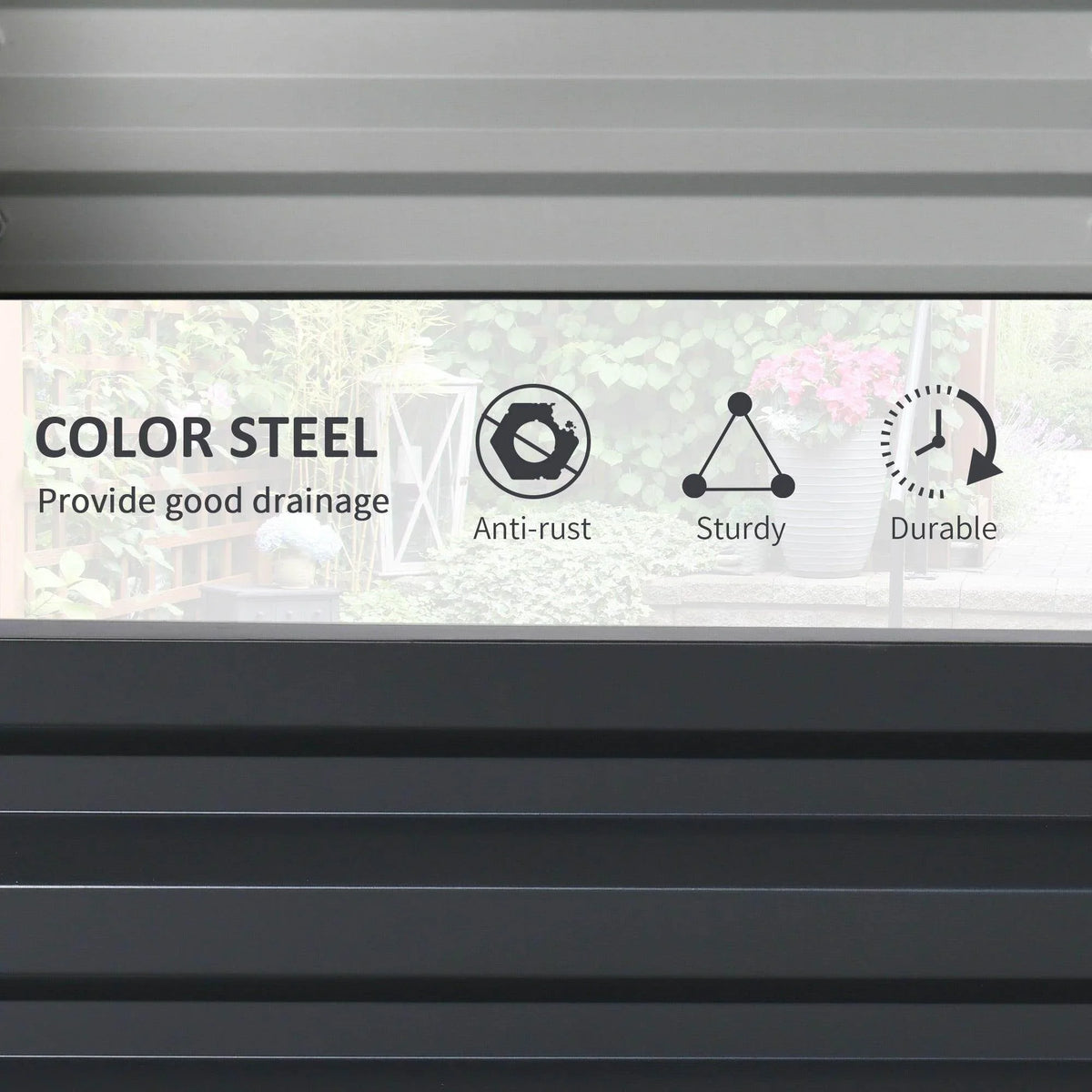 Grey metal raised garden bed planter box side panel with smooth slats