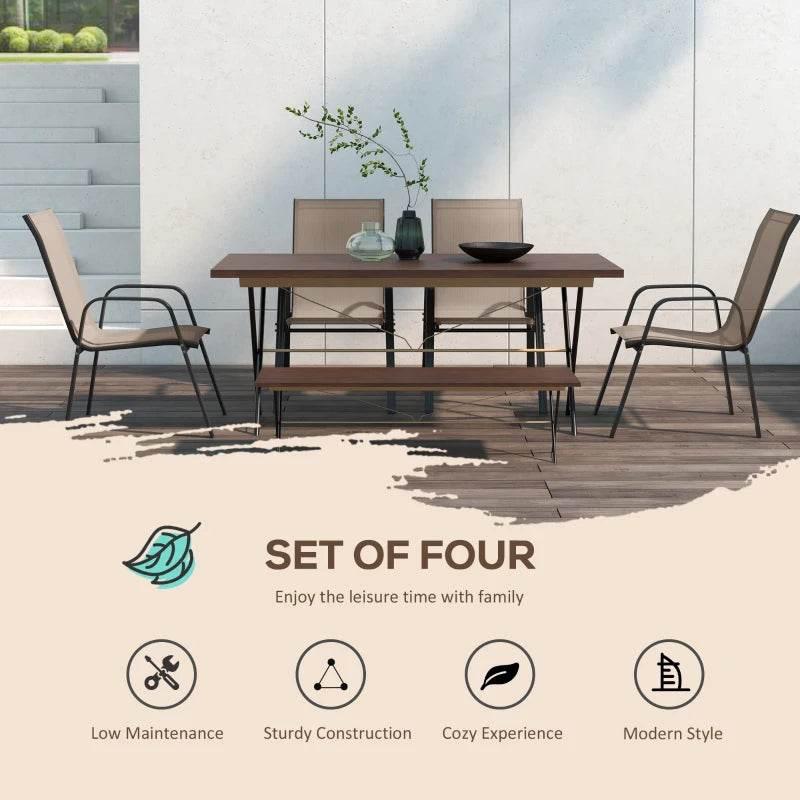 Set of 4 grey outdoor dining chairs with high backs and armrests around a table
