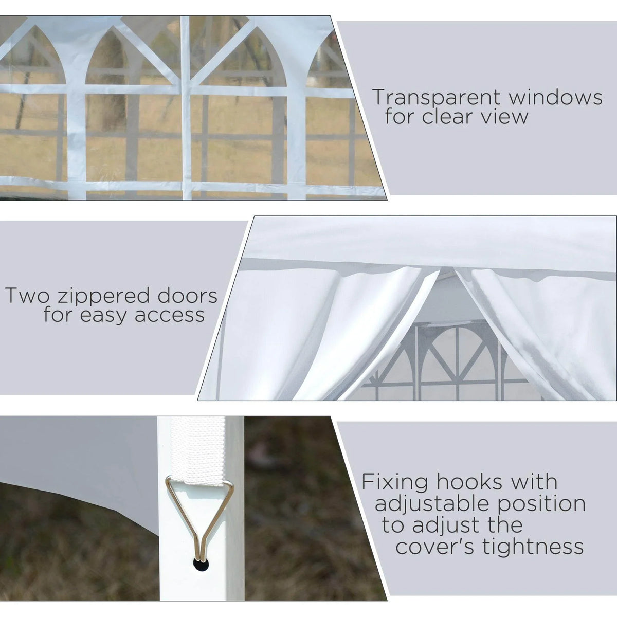 White pop-up gazebo tent with transparent window panels, two zippered doors, and adjustable hooks