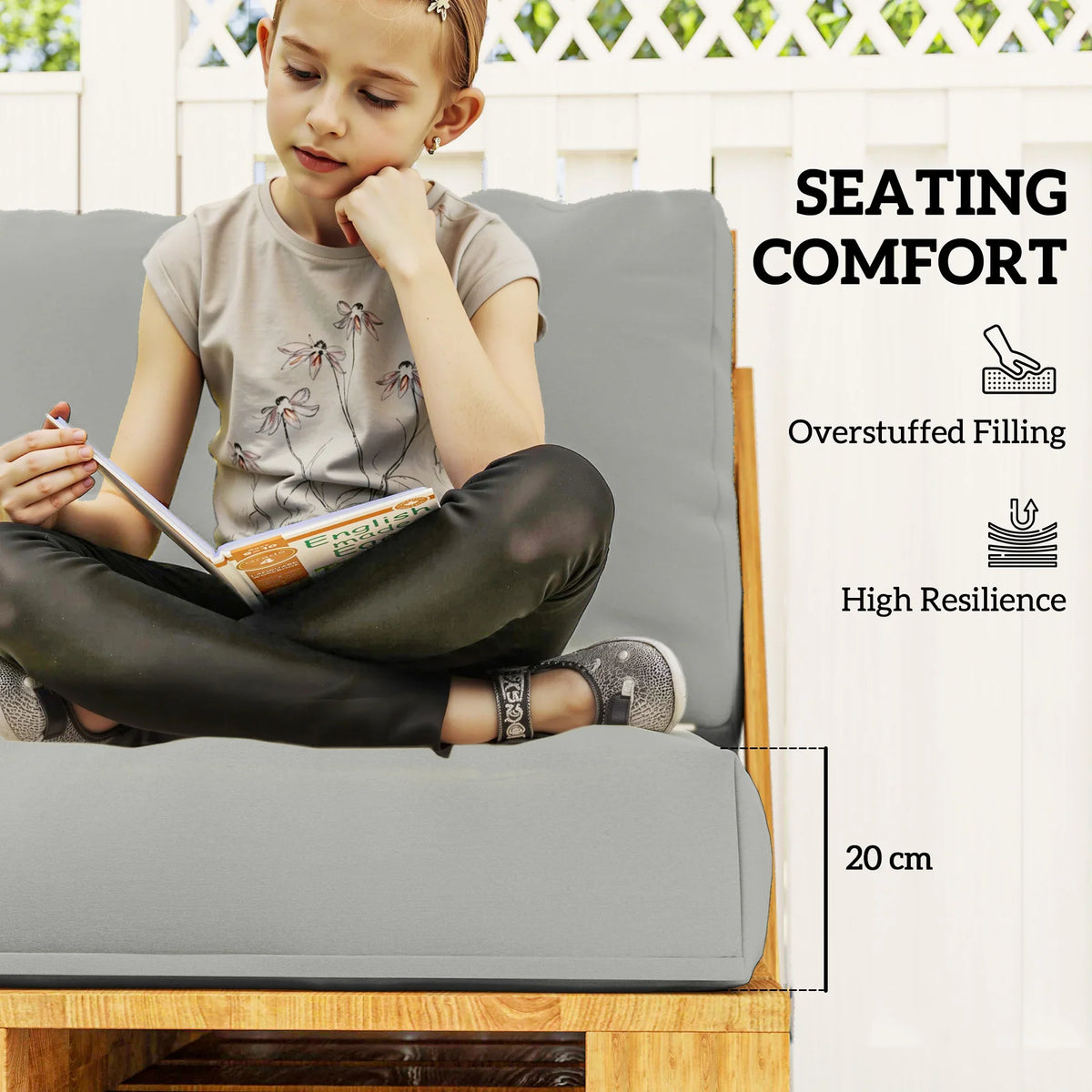 Light grey padded seat and back cushions, designed for comfortable lounging