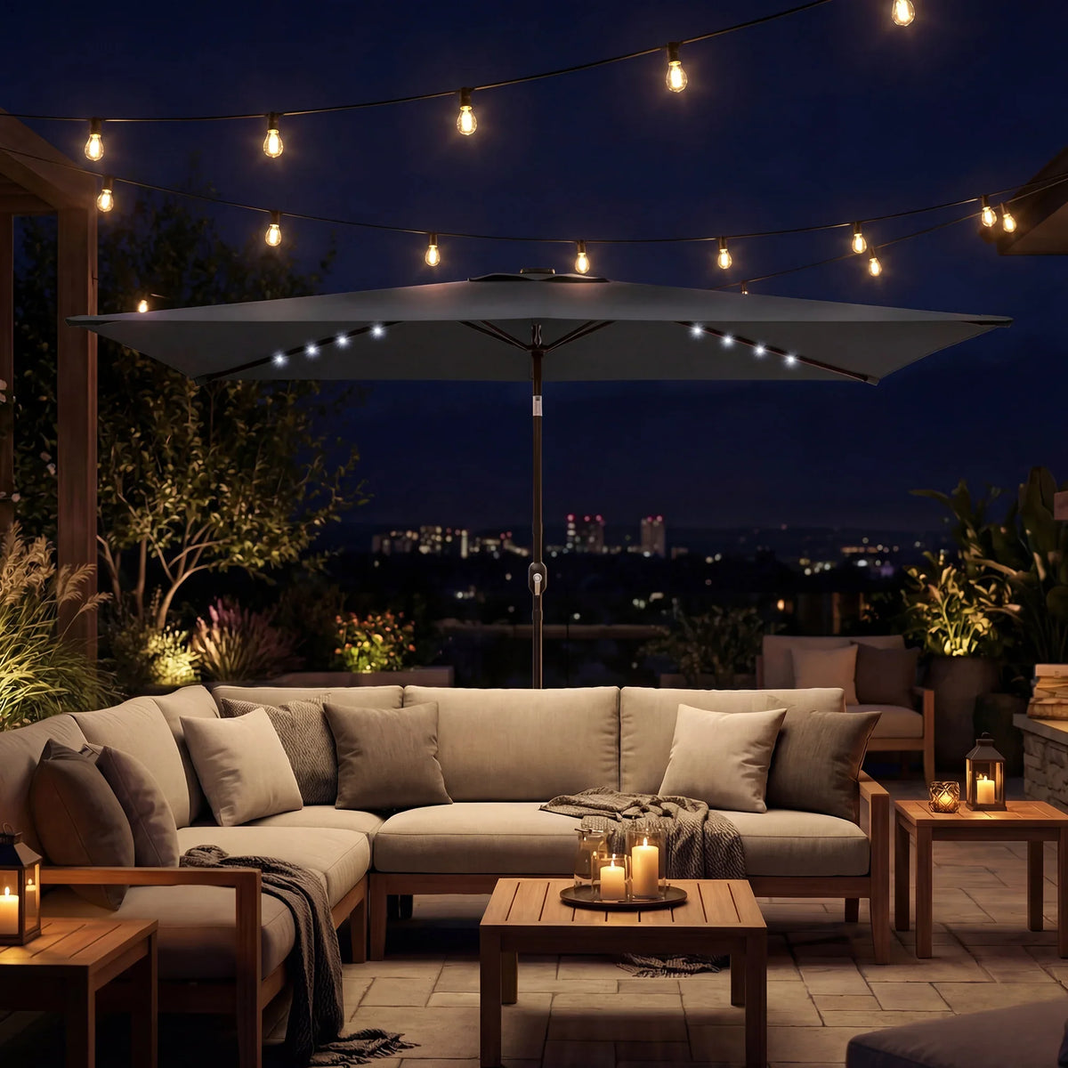 Black LED solar garden parasol umbrella with string lights on open canopy.