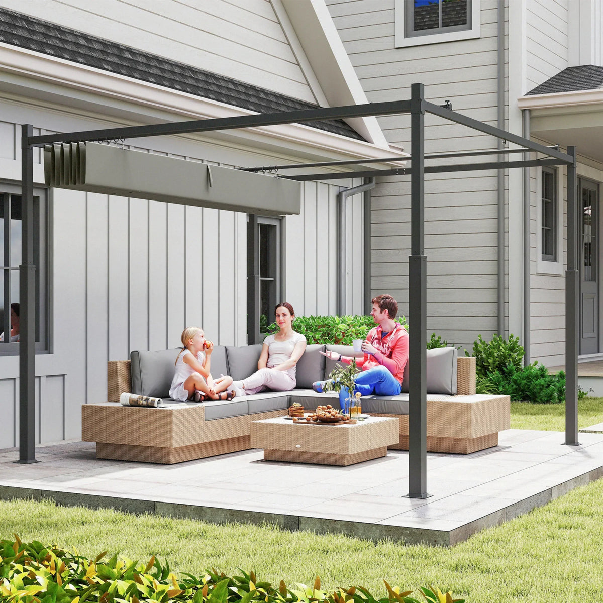 Outdoor pergola gazebo canopy with dark frame over lounge seating