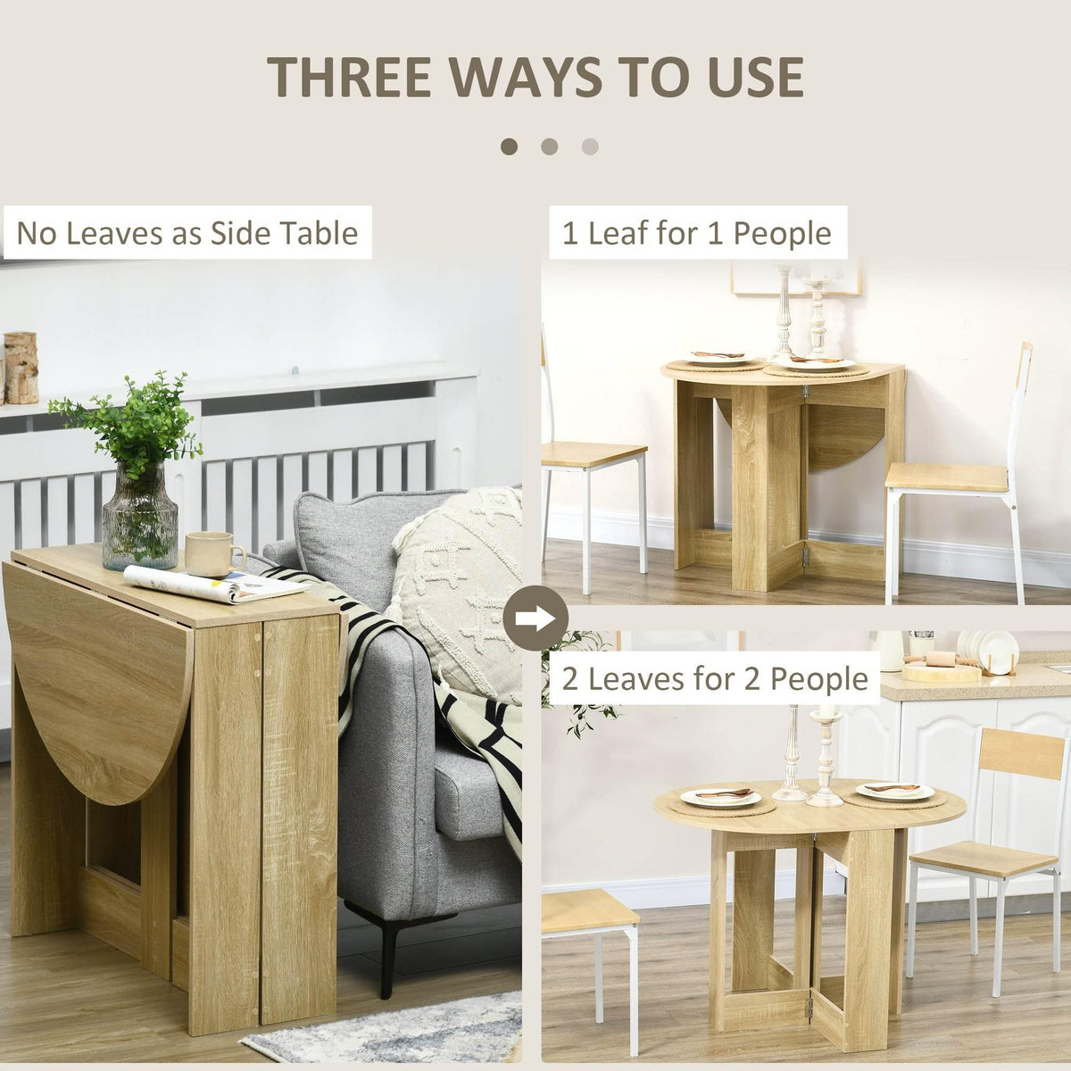 Light oak folding drop-leaf dining table with leaves set for smaller and larger use