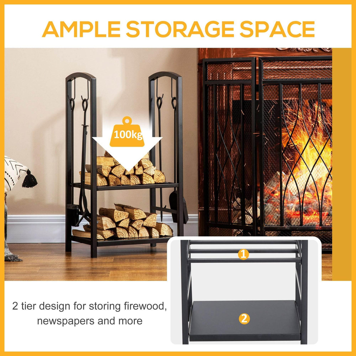 Black two-tier firewood log rack with tool hooks for storing stacked wood